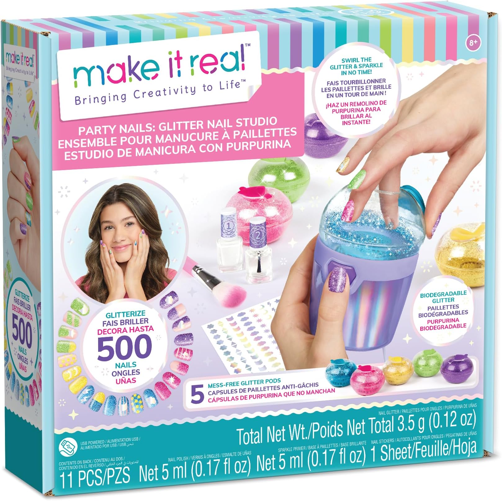 Make It Real: Party Nails Glitter Nail Studio - DIY Nail Kit, Decorate 500 Nails, 5 Mess-Free Glitter Pods, Tweens, Girls & Kids Ages 8+