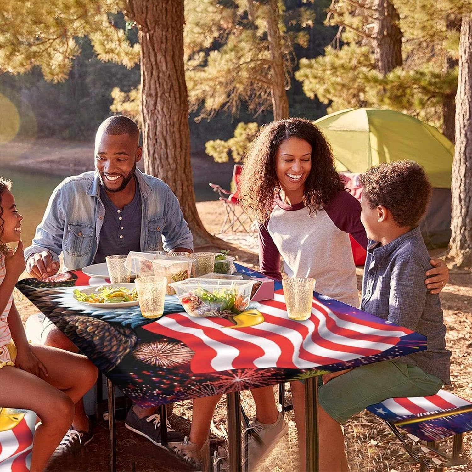 American Flag Picnic Tablecloth and Bench Covers, 3 Pieces Set, 4th of July Independence Day Elastic Edged Rectangle Table Cover for Indoor/Outdoor Picnic, BBQ and Dining, Blue Grey, 72x28 In
