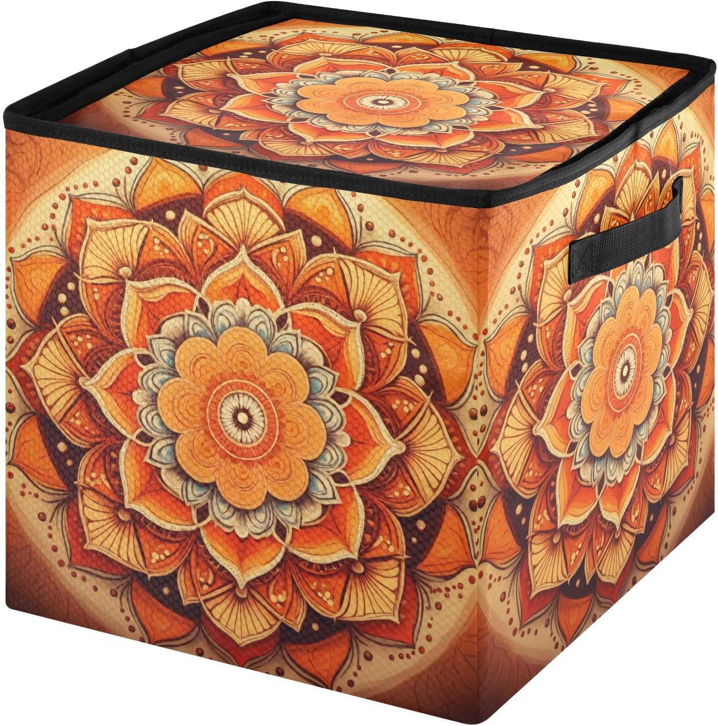 Mandala Pattern Orange 13 Inch Christmas Ornament Storage Box with Lid - Holiday Decor Storage Containers, Stores 64 Ornaments, 3 Inch Cube Compartments