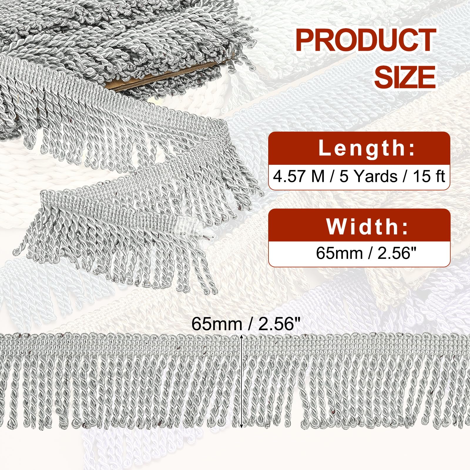 PATIKIL Gray Fringe Trim, 5 Yards x 65mm Fringe Trim Curtain Tassel Fabric Sewing for Curtain Sofa Clothes DIY Decoration - Image 2