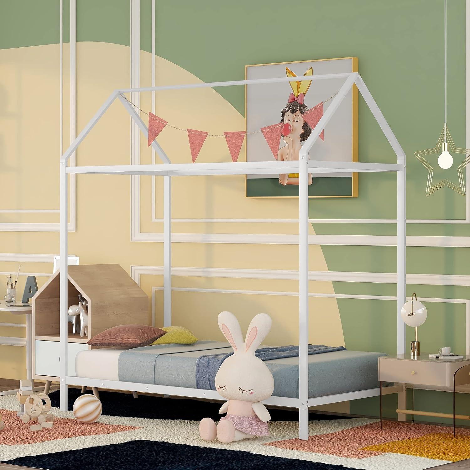 Twin House Beds Metal Toddler Montessori Bed Frame White Floor Bed for Kids Boys Girls Teens