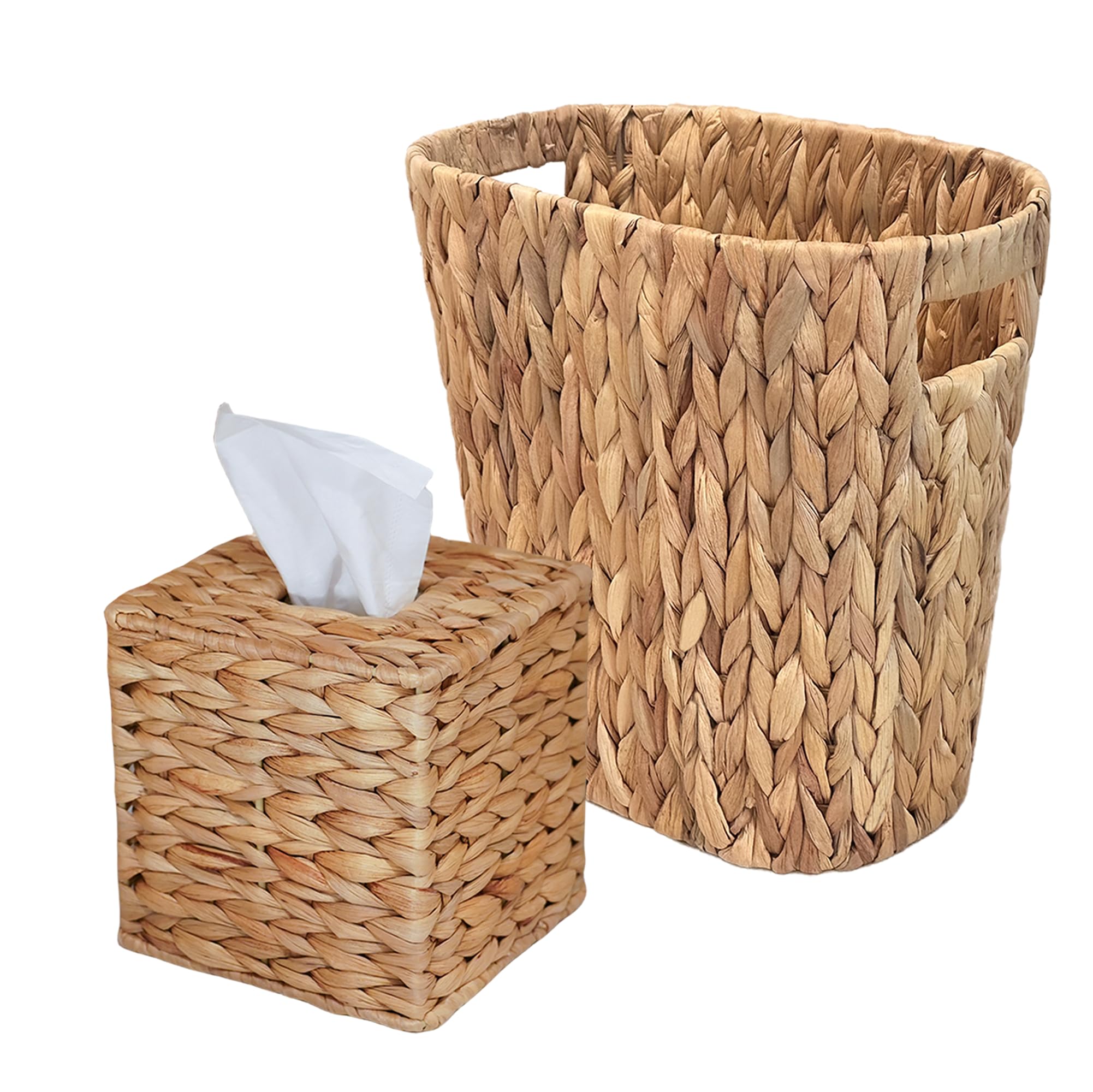 PINXIURY Water Hyacinth Tissue Box Cover, Natural Handmade Wicker Napkin Box Holder and Bathroom Wicker Trash Can, Handwoven Wicker Waste Basket with