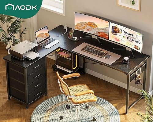 Miniatura 9 de AODK Escritorio para juegos en forma de L con 4 cajones, escritorios reversibles de oficina en casa de 53 pulgadas con tomas de corriente,