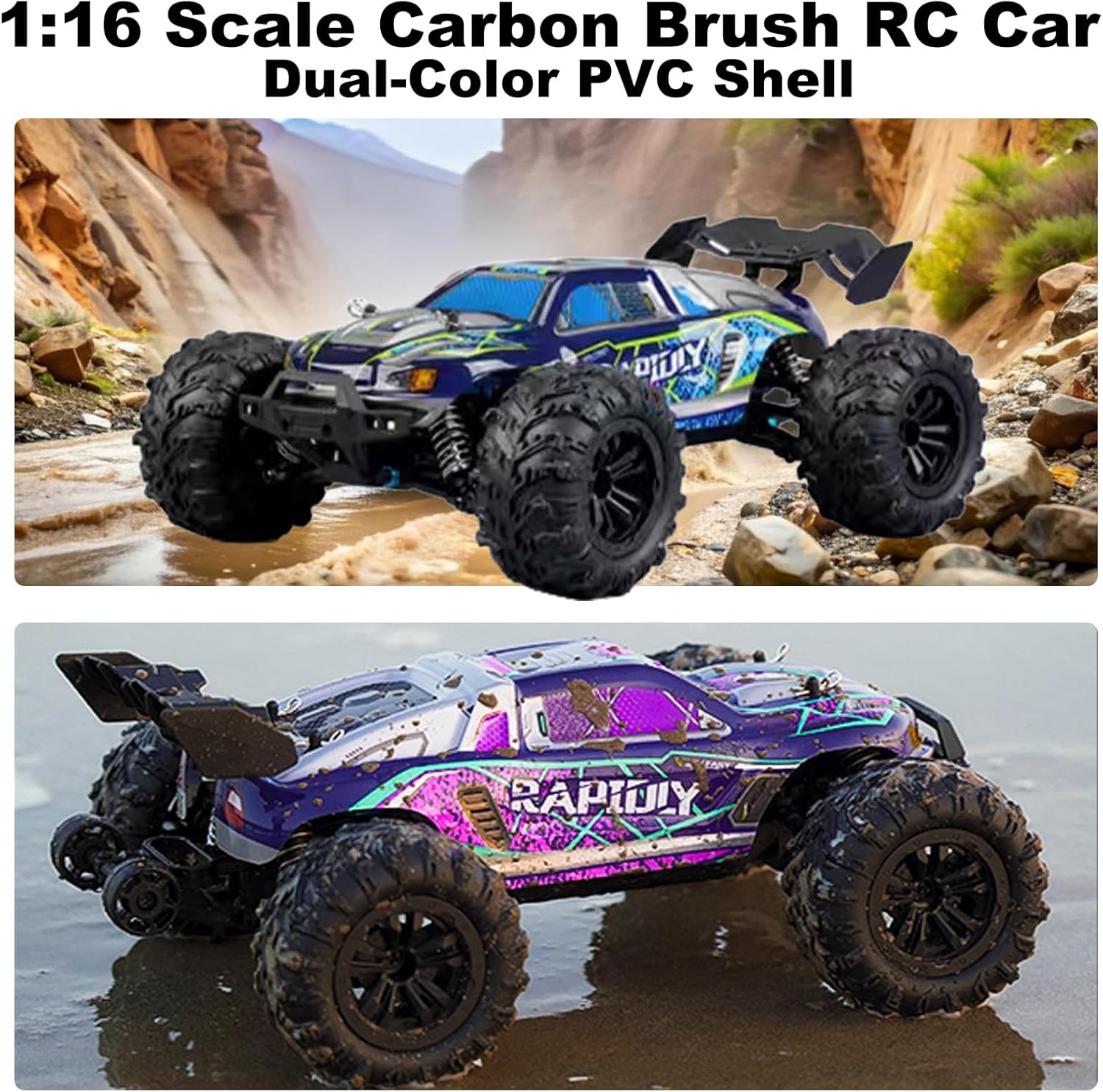 1:16 Scale RC Car for Adults, 25+ MPH High Speed, 4WD Waterproof Off-Road All-Terrain RC Truck with 2 Batteries & 2.4GHz Controller (1:16 Scale Carbon Brush) - Image 6