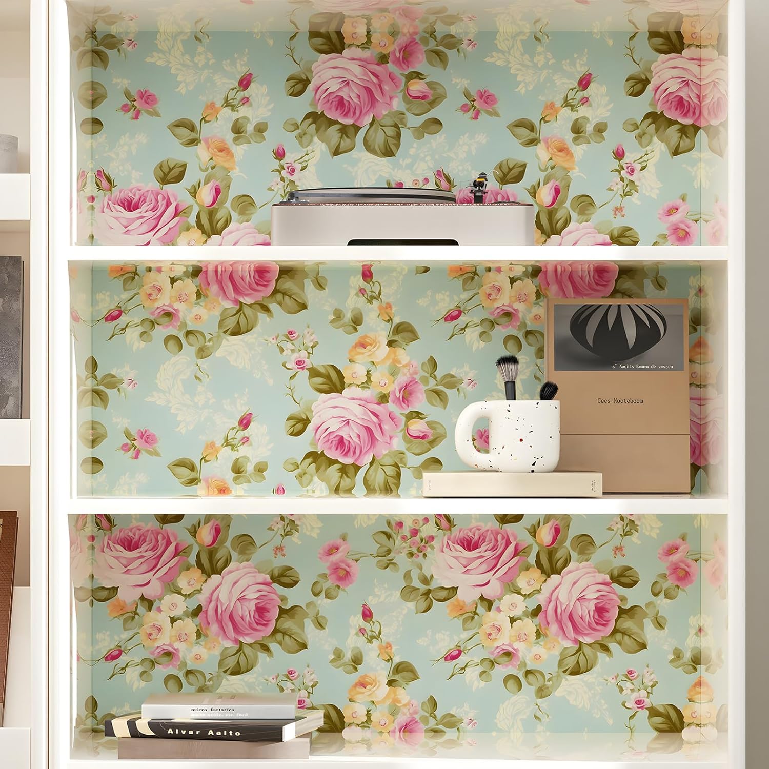 Blue Rose Wallpaper Peel and Stick Boho Wallpaper 17.5in x 32.8ft Vintage Floral Contact Paper Vinyl Self Adhesive Removable Modern Floral Wall Paper for Bedroom Shelf Liner Cabinet Decor