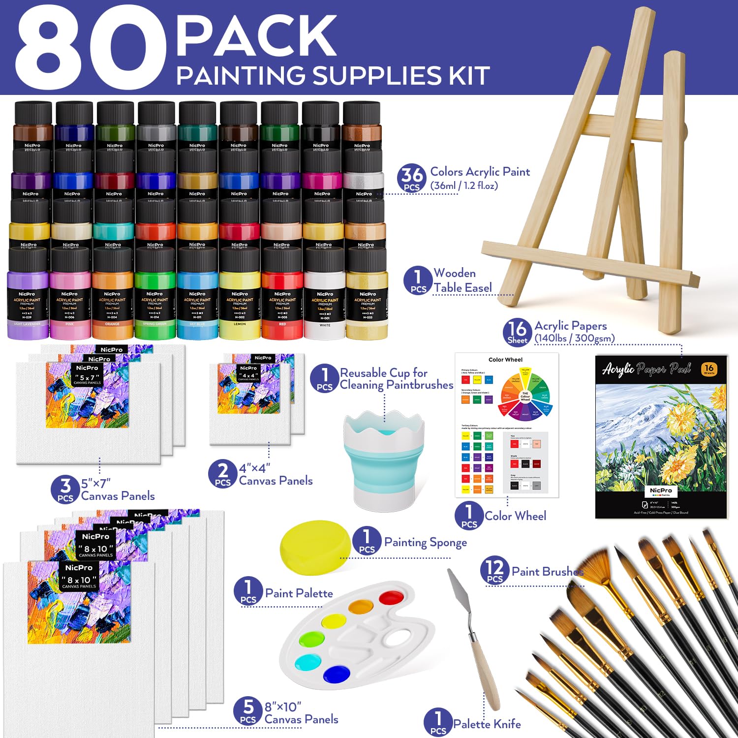Nicpro Juego de lienzos de pintura acrílica para adultos, kit de 80 piezas de suministros de pintura artística con 36 pinturas (36 ml), caballete de madera de mesa, 10 paneles de lienzo, 12 pinceles,