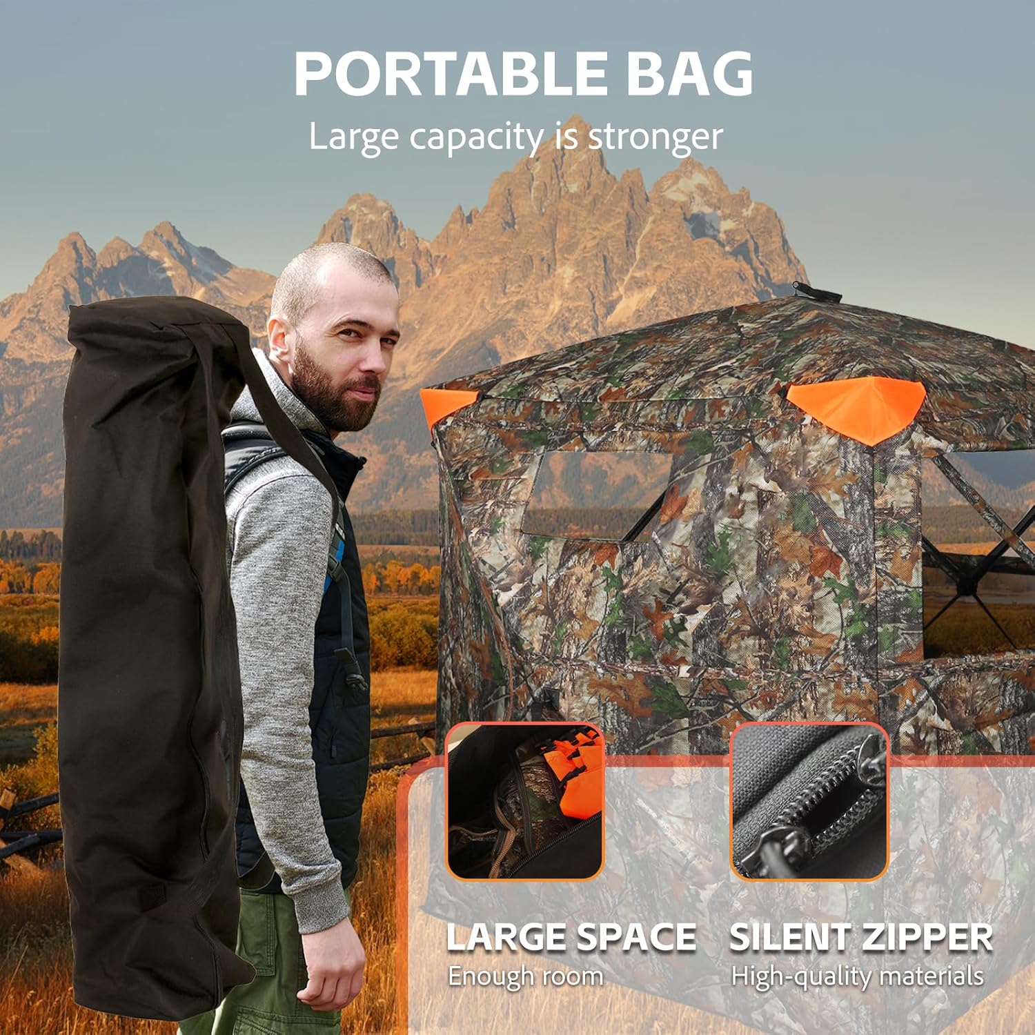 Hunting Blind 360 Degree See Through Double Door Ground Blind for Hunting, 2/3 Person Pop Up Portable Camouflage Deer/Turkey Tent with Blaze Orange Panels