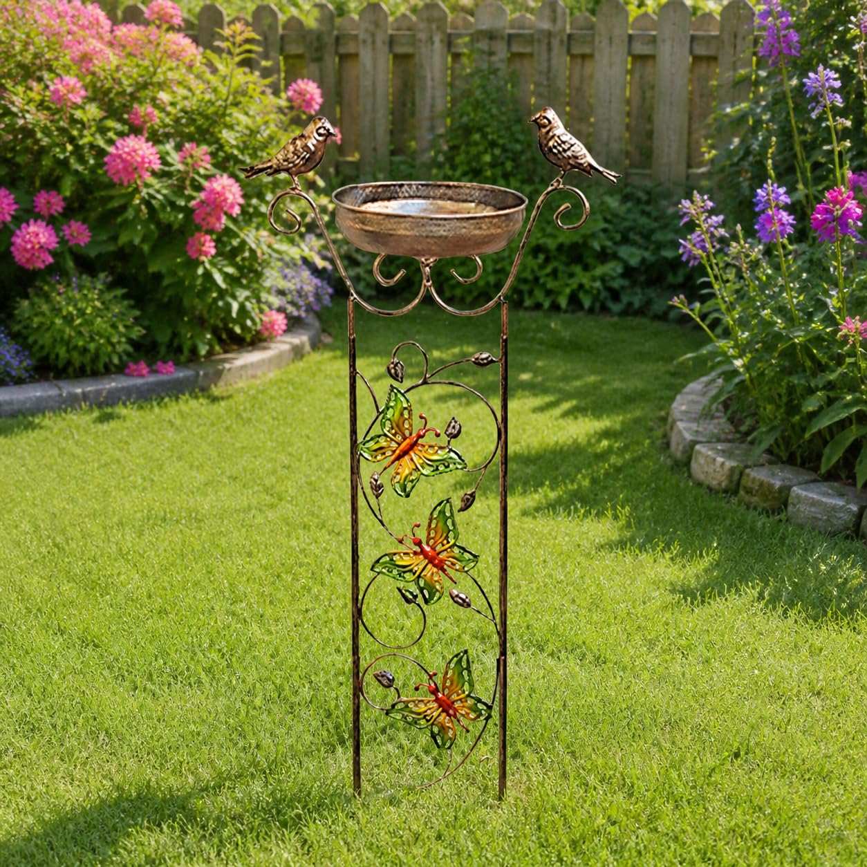 Comedero pájaros Exterior rústico, baño pájaros Metal, Soporte Hierro jardín, decoración terraza, Butterfly