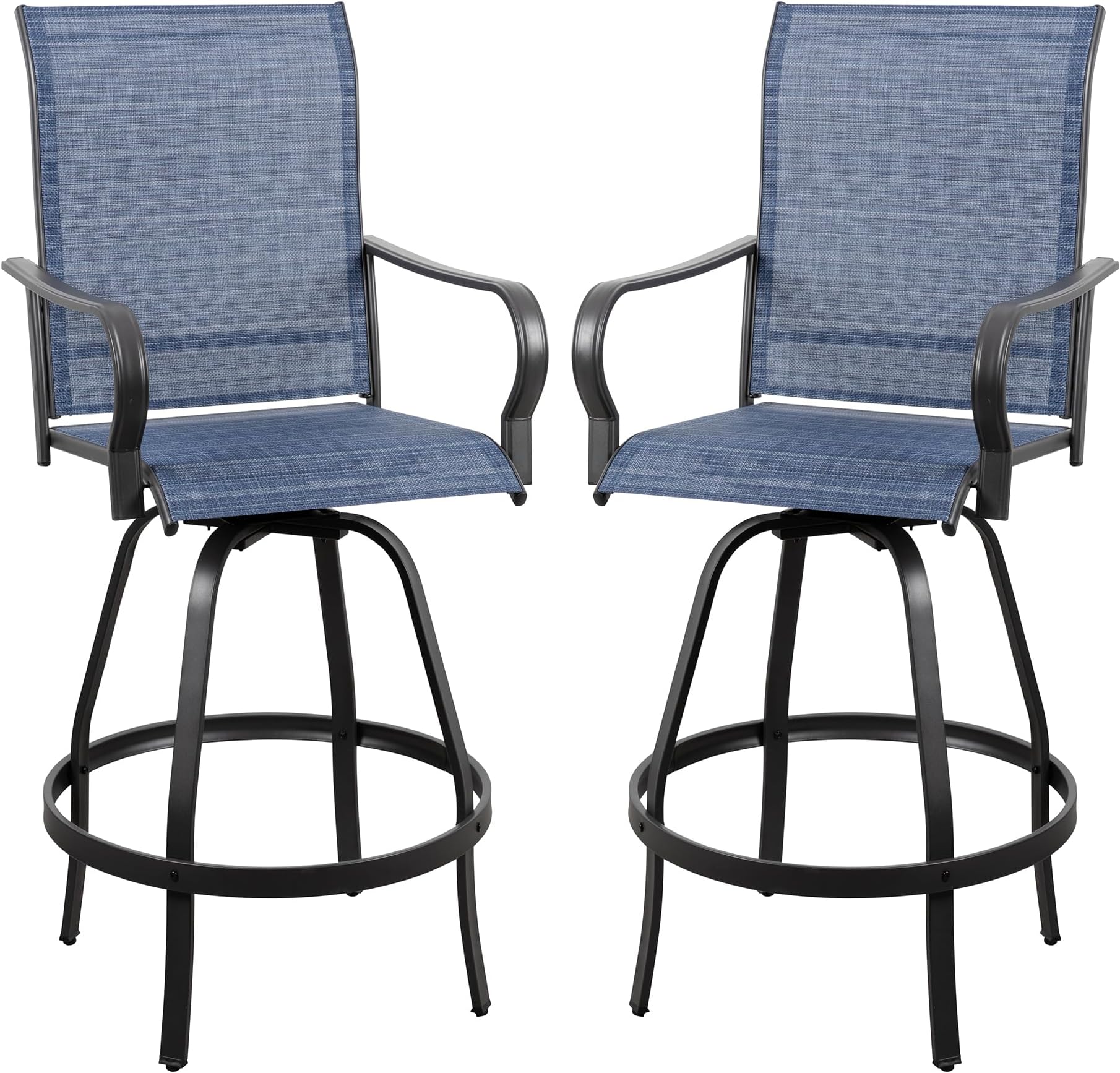 Vongrasig 2 Piece Patio Swivel Bar Chairs, All Weather Metal Textile High Swivel Bar Stools Chairs, Outdoor High Top Bistro Set for Backyard, Lawn Garden, Balcony, Denim Blue