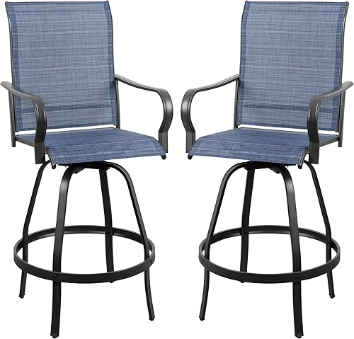 Miniatura 11 de Vongrasig Juego de 2 Sillas Giratorias de Bar para Patio Exterior, Taburetes de Bar Altos con Textil Tipo Sling Acolchado Resistente a Todo Clima