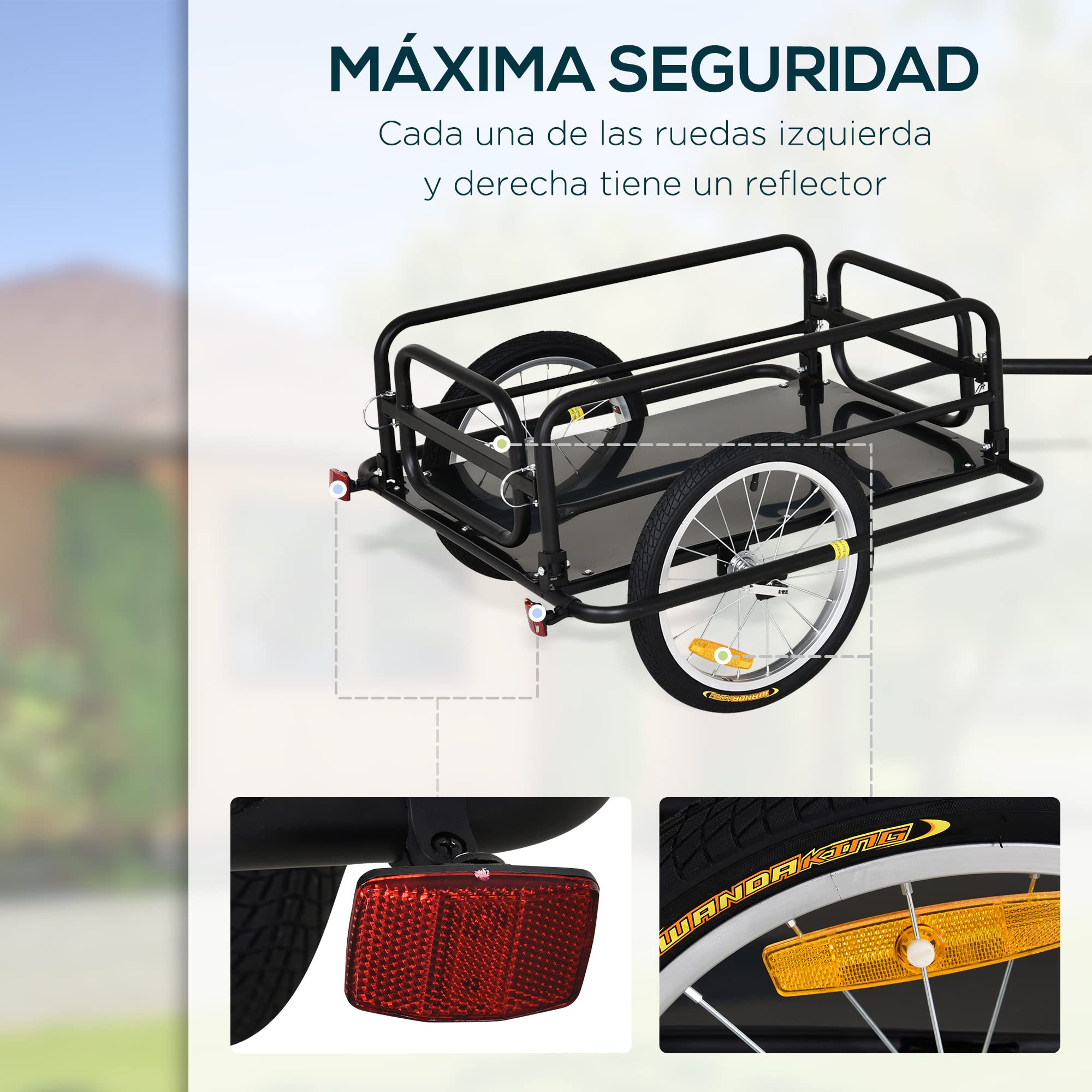PawHut Remolque de Bicicleta para Carga 50kg Carga de Equipaje Marco de Acero Ligero con Reflectores