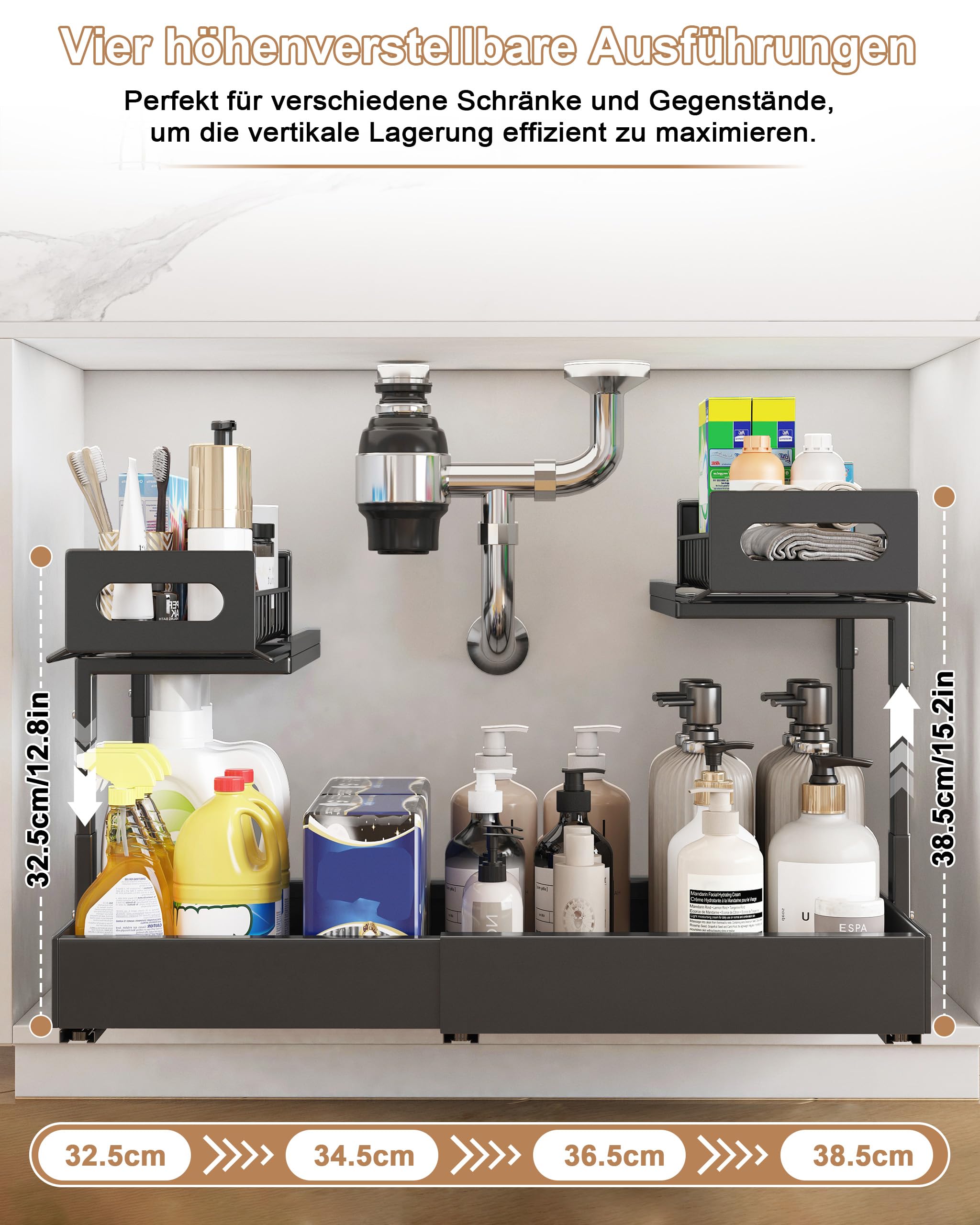 Unter Waschbecken Regal, Spülenunterschrank Organizer, Metall | Ausziehbar(35-58cm), Höhenverstellbar(35.5-38.5cm), 2 Etagen, Unterschrankregal für Küche & Bad, Gewürzregal Schwarz