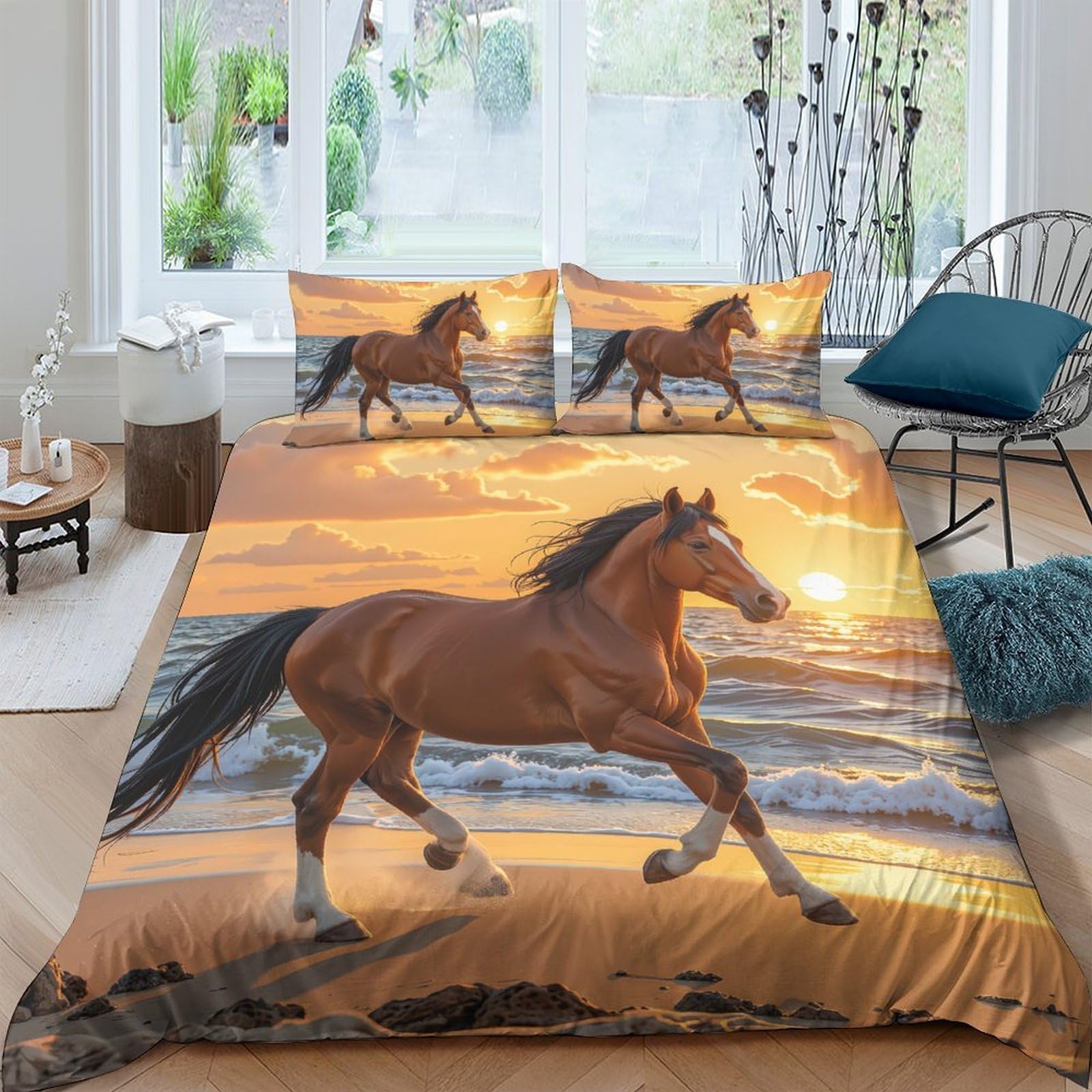 Ctjqhvkz Style-3 3D Printed Sunset Beach Horse Fitted Sheet Microfiber Breathable Mattress Cover For Bedroom Dorm Mattress Protection Decor Single（135X200cm）