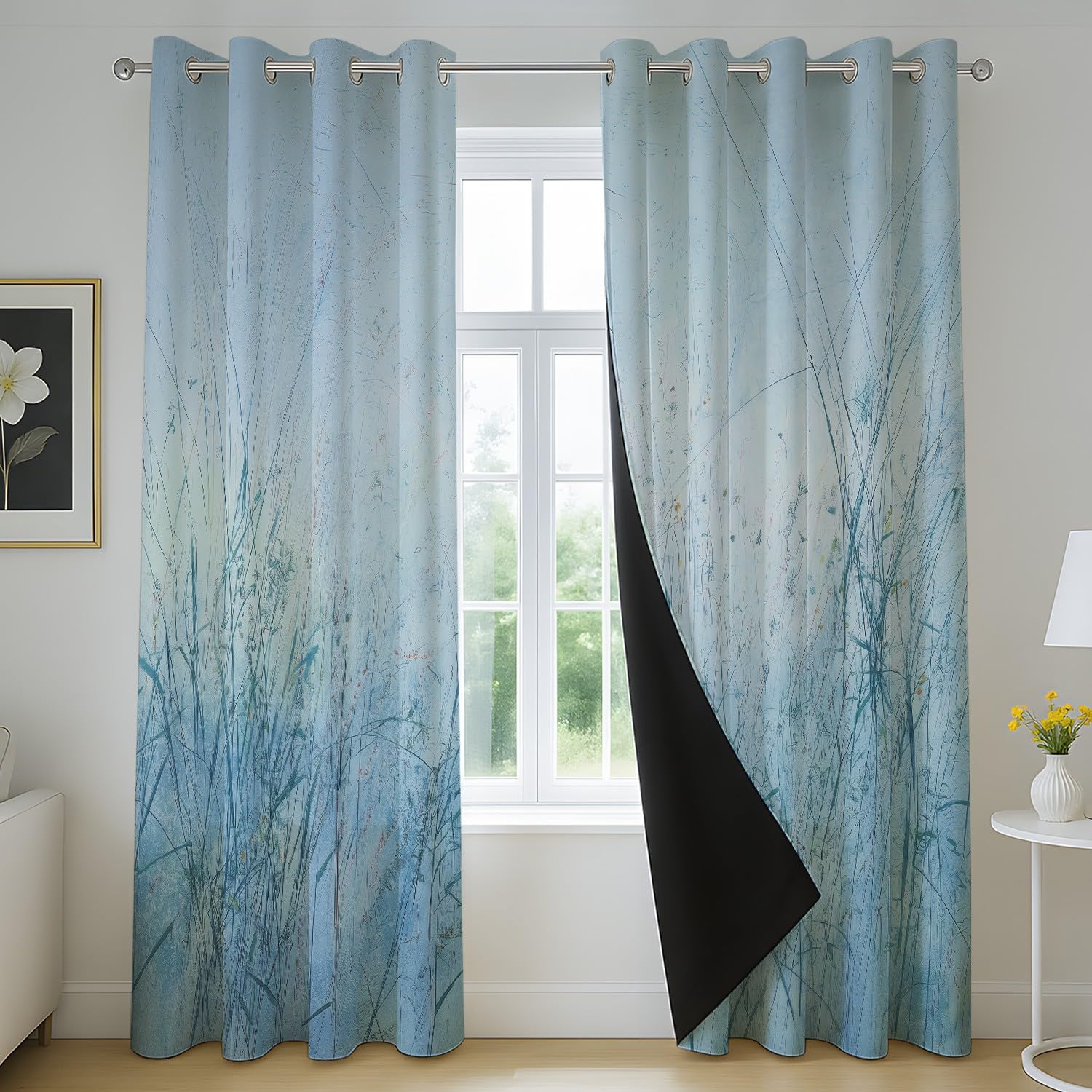 Generisch Vorhänge Blickdicht 2er Set 245 x 175 cm - Knitterfrei Gardinen vorhänge Frisch Pflanzen Gras Blau Extra Breit mit Geräuschminderung mit Ösen für Schlafzimmer und Wohnzimmer