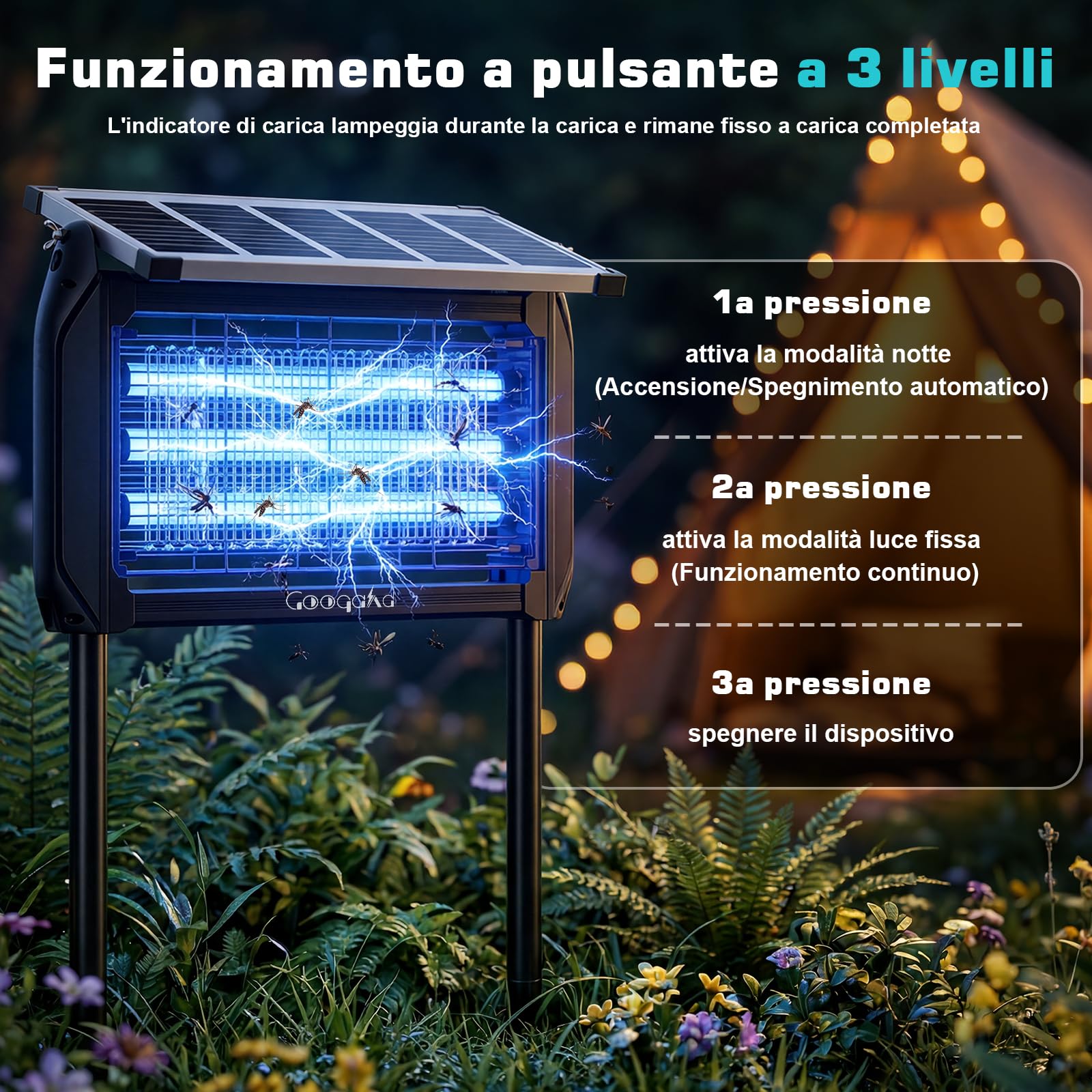 Lampe Anti Moustique Solaire Exterieur, 4500V Lampe Anti Mouche avec Batterie 4000mAh, Indice D'étanchéité IPX5, Anti Insectes Répulsif sans Fil avec Piquet pour Jardin, Terrasse, Camping