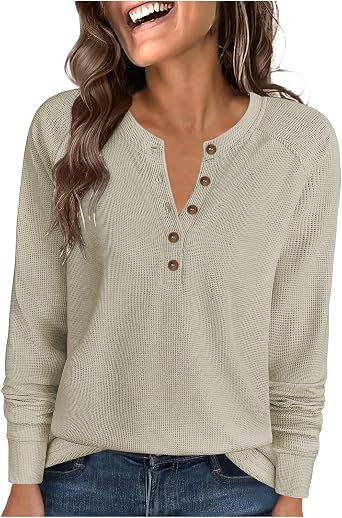 Sweatshirt for Women Waffle Knit Button V Neck Long Sleeve Shirts Casual Pullover Sweatshirts Tops Dressy Blouse