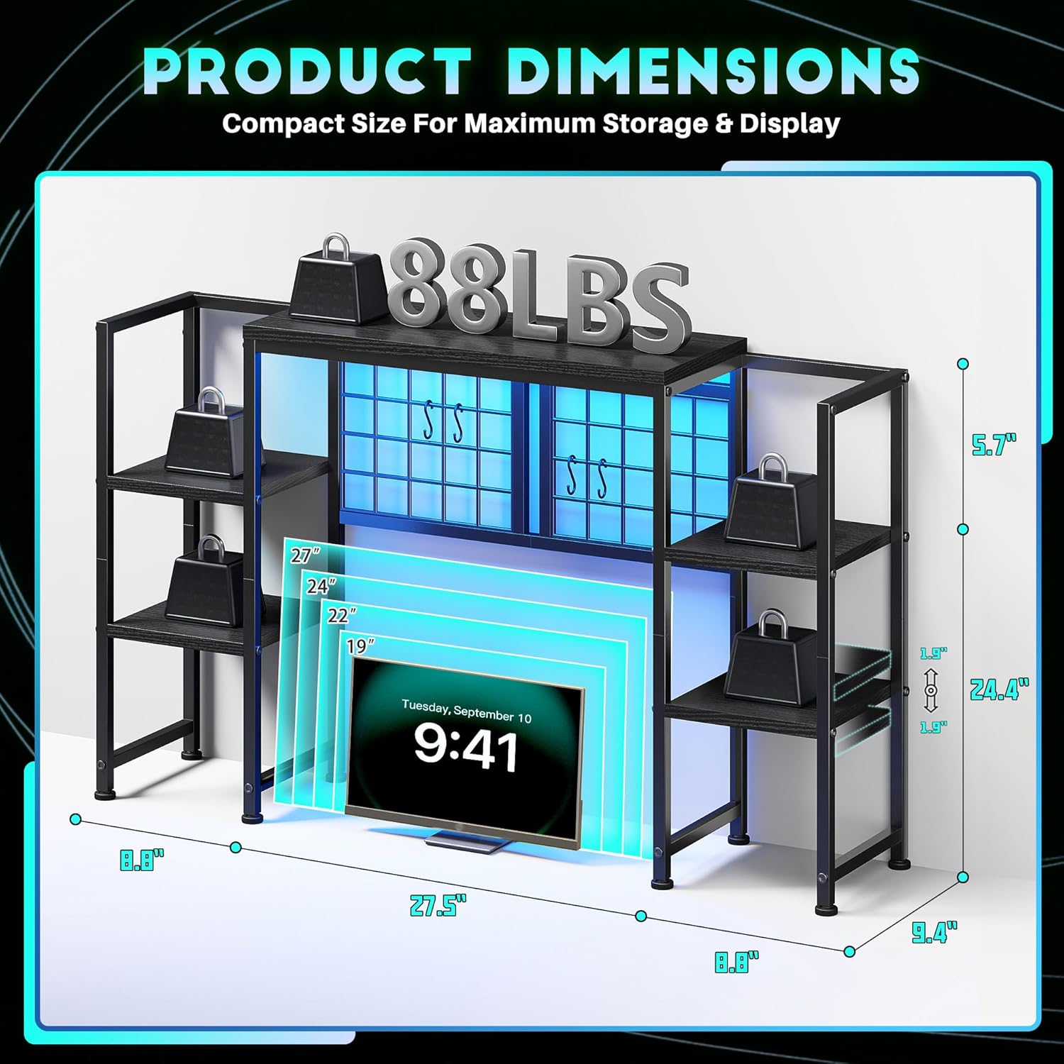 REIBII Desk Shelf with LED Light Strip,Adjustable 45.1" Desk Hutch Dorm with 5 Tier Display Shelf Rack,Desktop Bookshelf with Grid Panel & Hooks for Home, Office and Dorm, Black