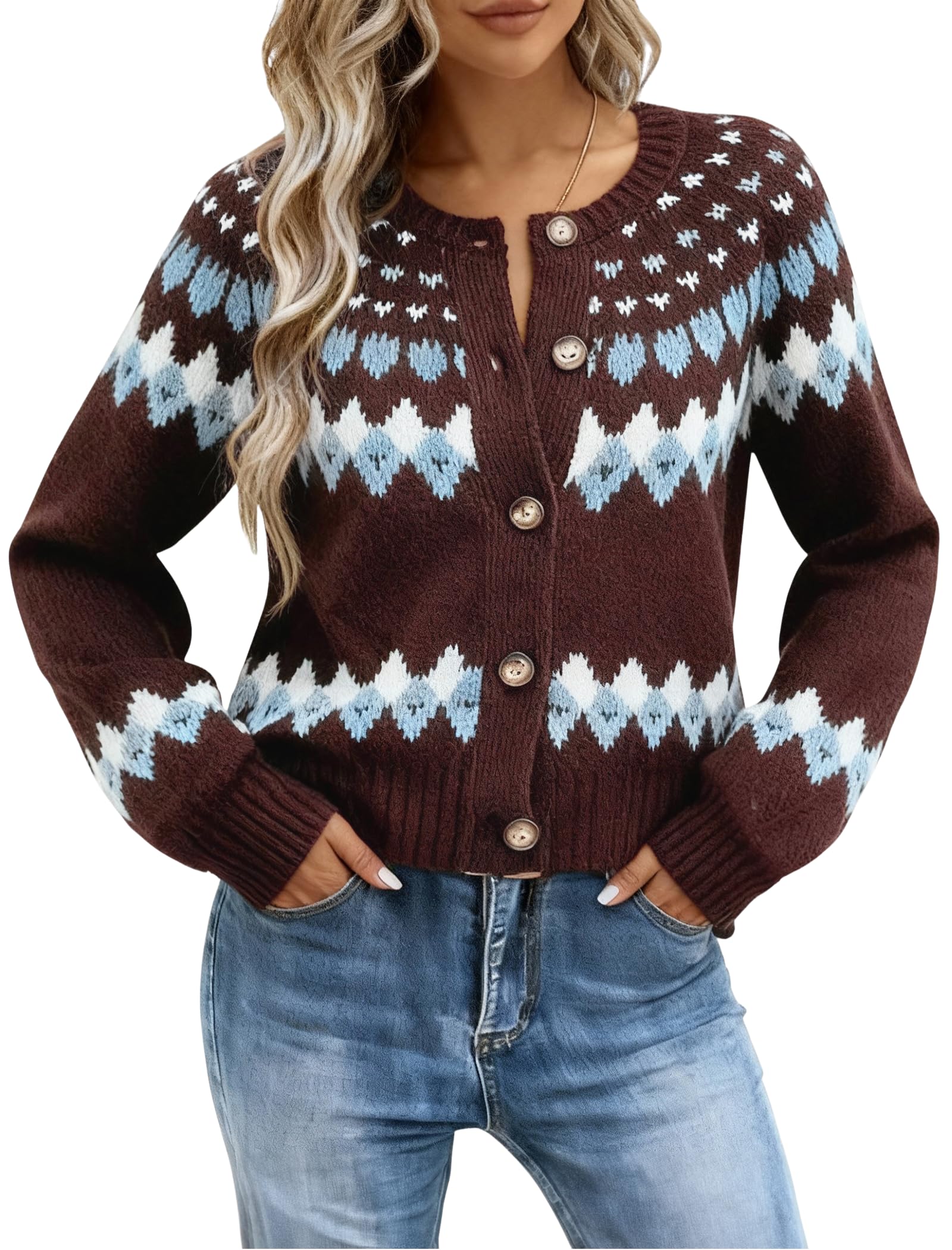 Womens Fair Isle Sweater Cropped Button Up Long Sleeve Cardigans Crewneck Knit Sweater Coats Fall Winter-image-44