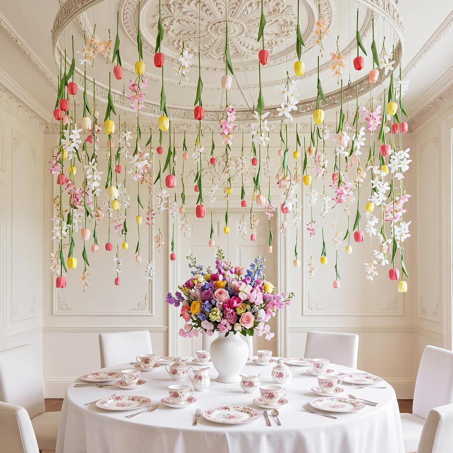 6 Pcs 35.4ft Artificial Tulips Hanging Flower Garlands with Hooks, Spring Faux Tulip and Wildflower Ceiling Vines, Mixed Colors Floral Backdrop for Wedding Party Home Wall Arch Decor