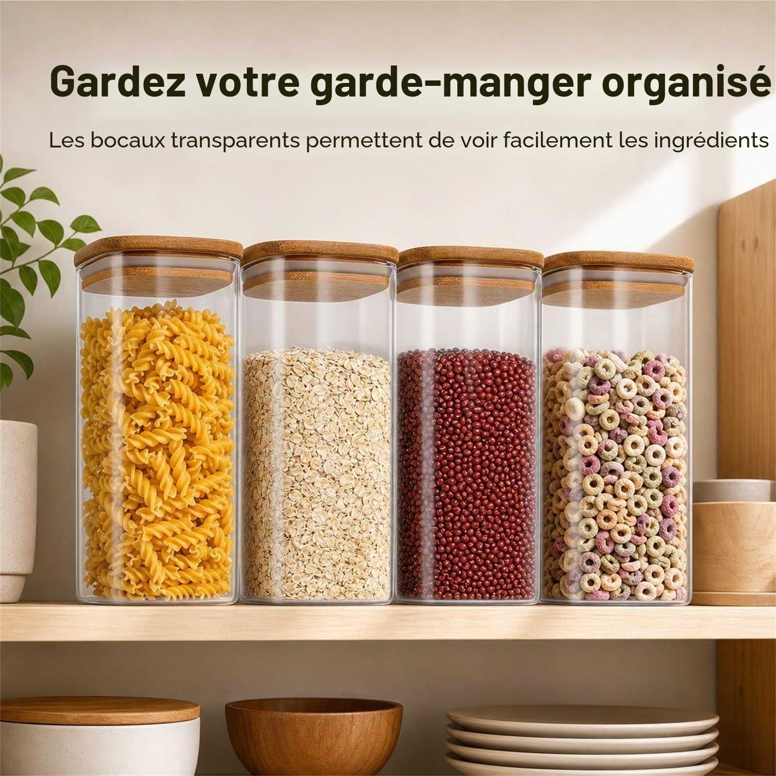 WOPPLXY Lot de 4 Bocaux en Verre Hermétique, 1500ml Bocaux Rangement Cuisine, Bocauxs Verre Couvercle Bois pour Conserver les Grains de Café, Noix, Biscuits, Pâtes, Grains | Hautement hermétique ; 10 x 10 x 20 cm (L x l x H) ; convient pour stocker des cé