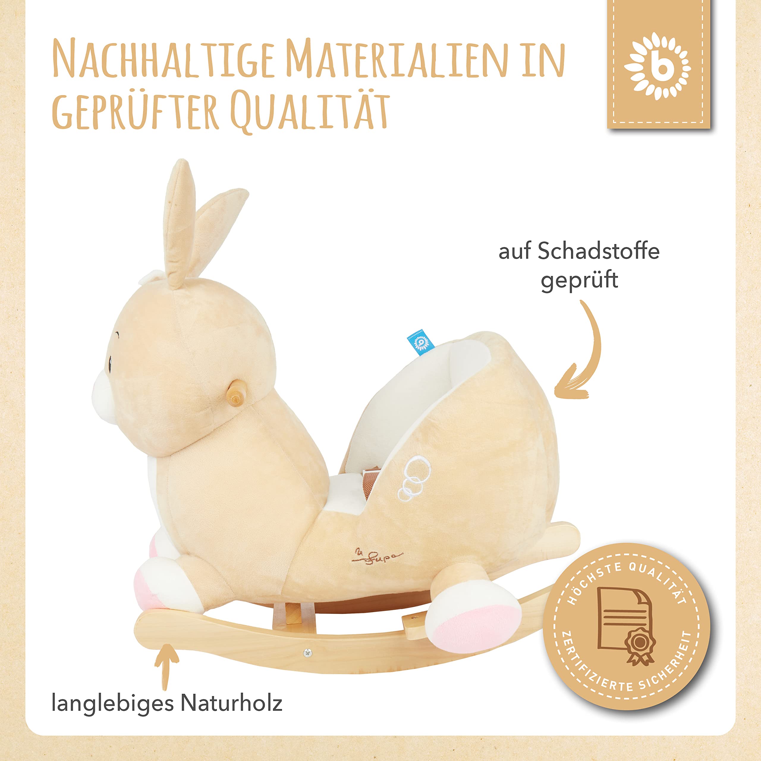 Bieco Plüsch Schaukeltier Hase Hopsi, 60 cm | Kinder Schaukelstuhl mit Sicherheitsgurt | Baby Schaukel | Schaukel Kleinkind | Schaukeltier Baby Schaukelwippe ab 9 Monate | Schaukelpferd Holz