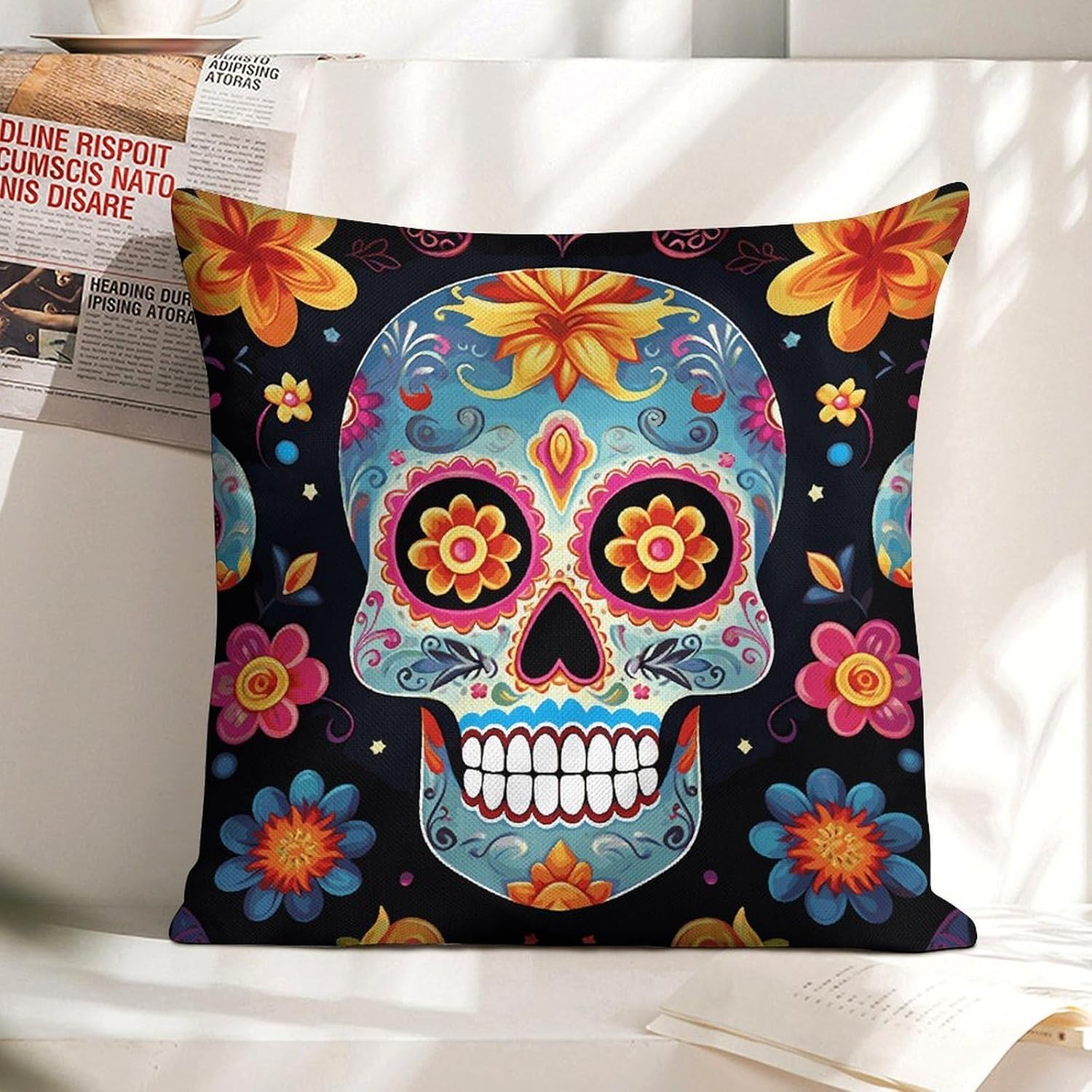 Sugar Skulls Pillow Protectors Cute Waterproof Pillow Cover Soft Skin-Friendly Cushion Case Decorative Square Cushion Cover for Couch Sofa Bed Living Room Bedroom