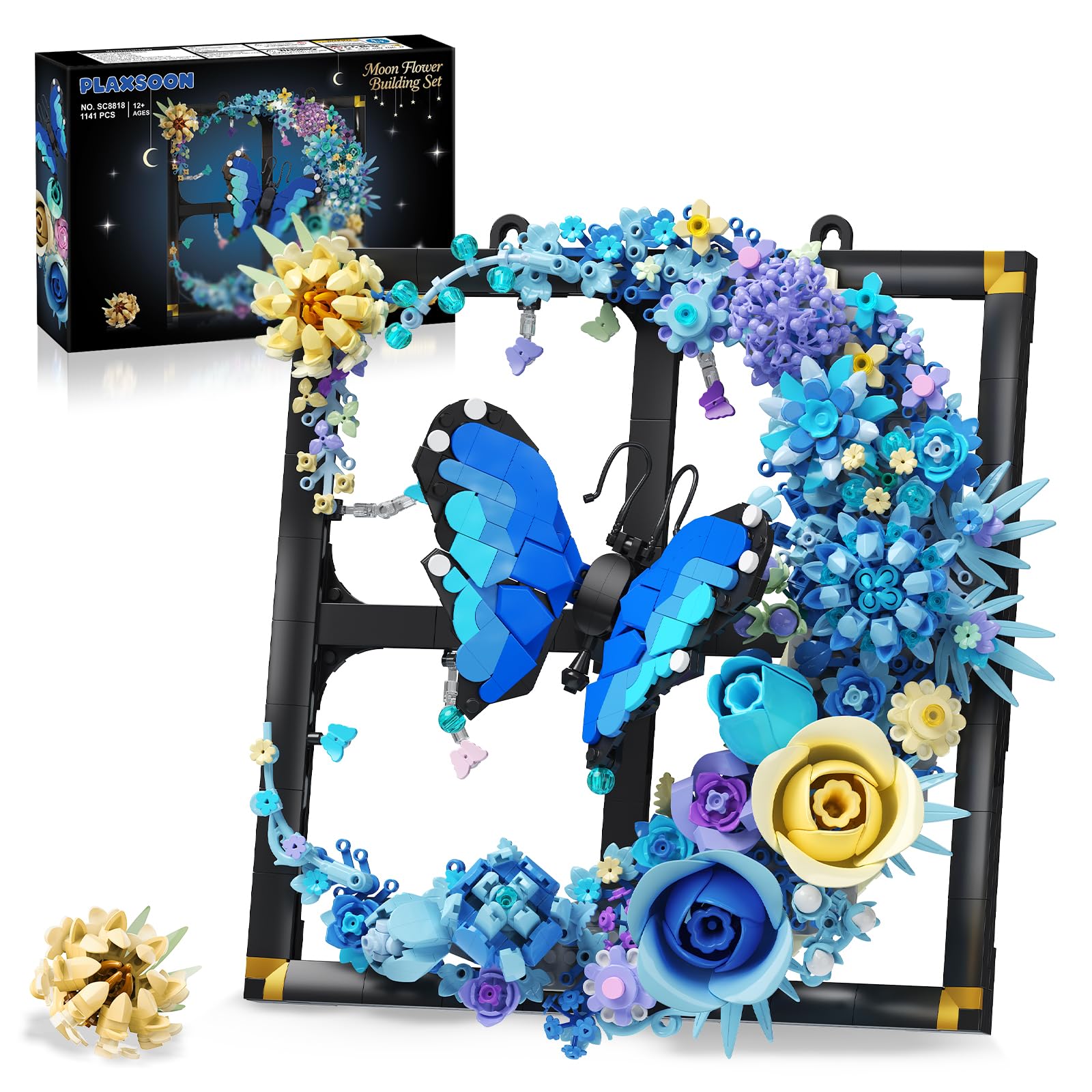 Assembled PLAXSOON Moon Flower Building Set with Lights, featuring a blue butterfly and various flowers on a moon-shaped frame.
