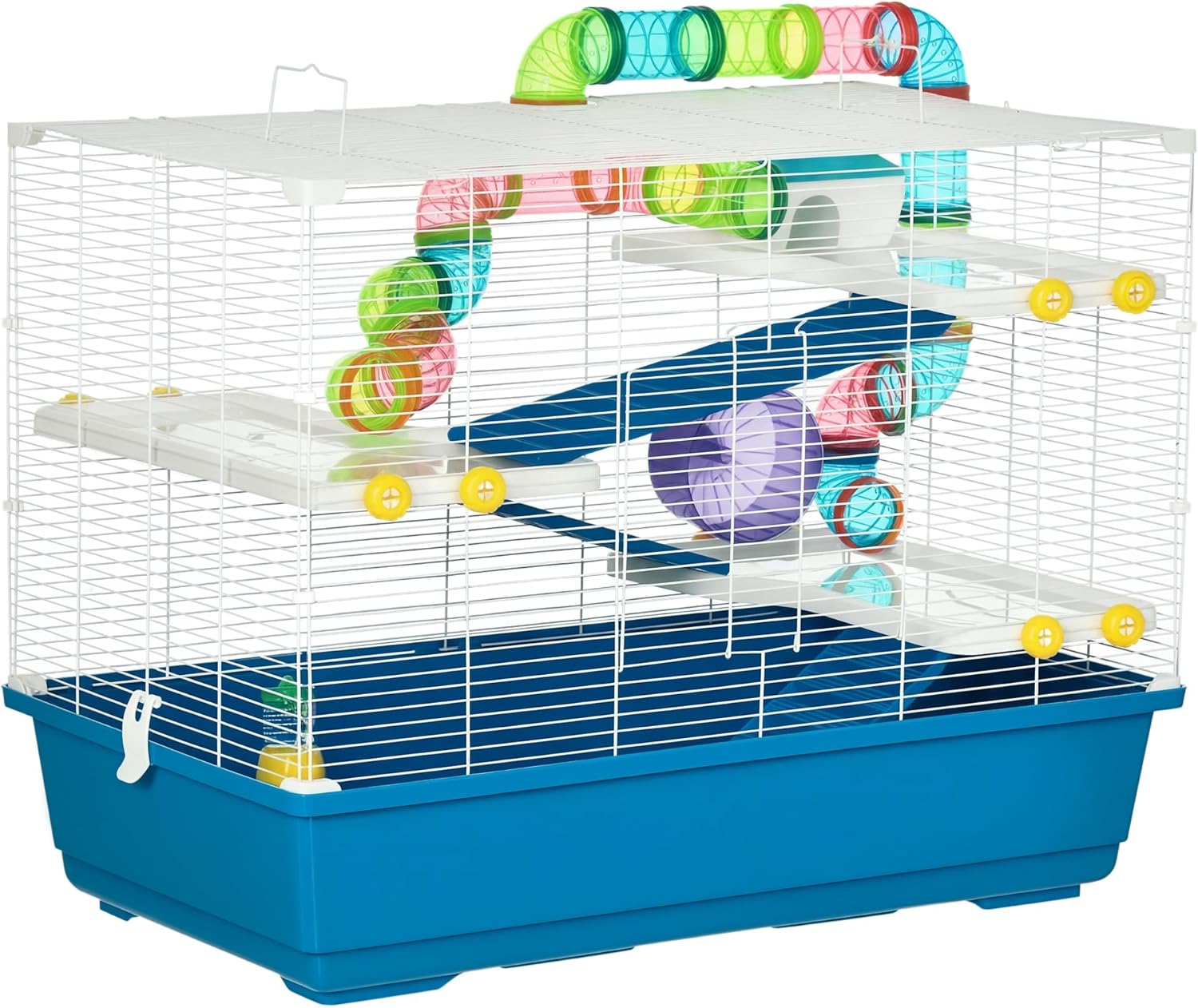 PawHut Hamster Cage Large 79x46x60cm House for Hamster Small Animal Cages with 3 Platforms Tubes Feeder Drinker 3 Ramps Exercise Wheel and 2 Portable Handles Blue and White