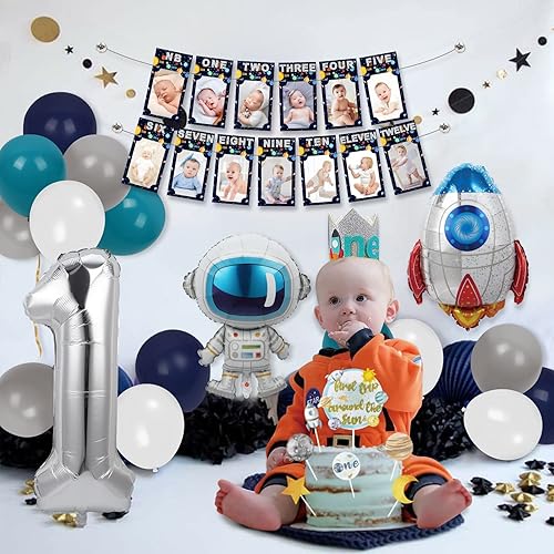 Miniatura 8 de Decoraciones de cumpleaños de primer viaje alrededor del sol, temática del espacio exterior, cartel de fotos de primer cumpleaños de recién nacido a