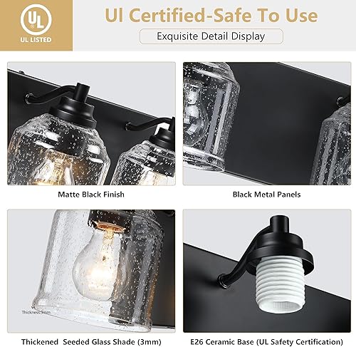 Miniatura 10 de YKLITG BD005-5-BK - Lámpara de tocador de baño de madera oscura de 5 luces con pantallas de vidrio sembrado, accesorios de iluminación sobre espejo,