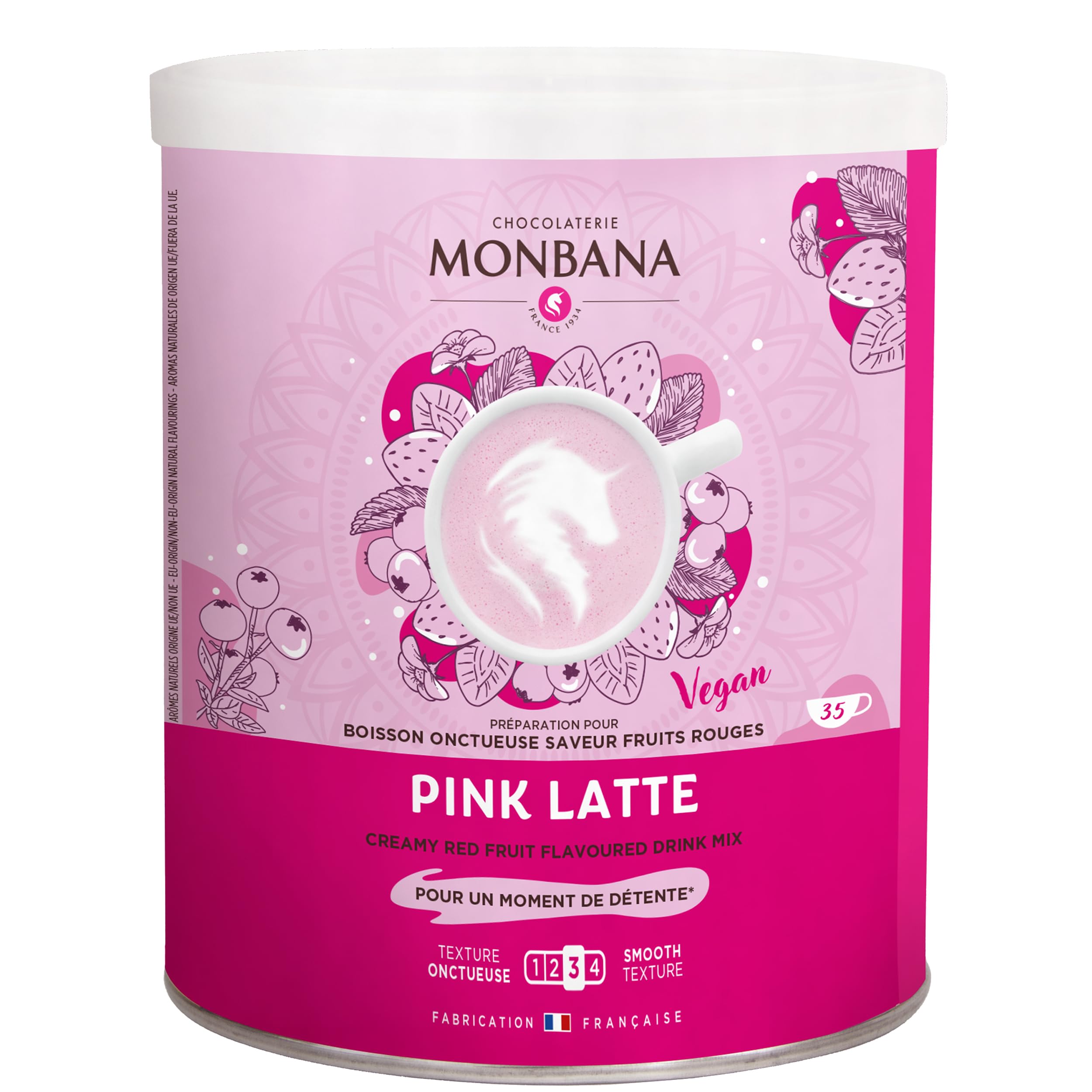 Monbana Pink Latte Poudre 350 g – Poudre de boisson végétalienne avec épices de betterave rouge et chai, instantané Superfood Latte pour préparation chaude et froide, végétale, sans lait