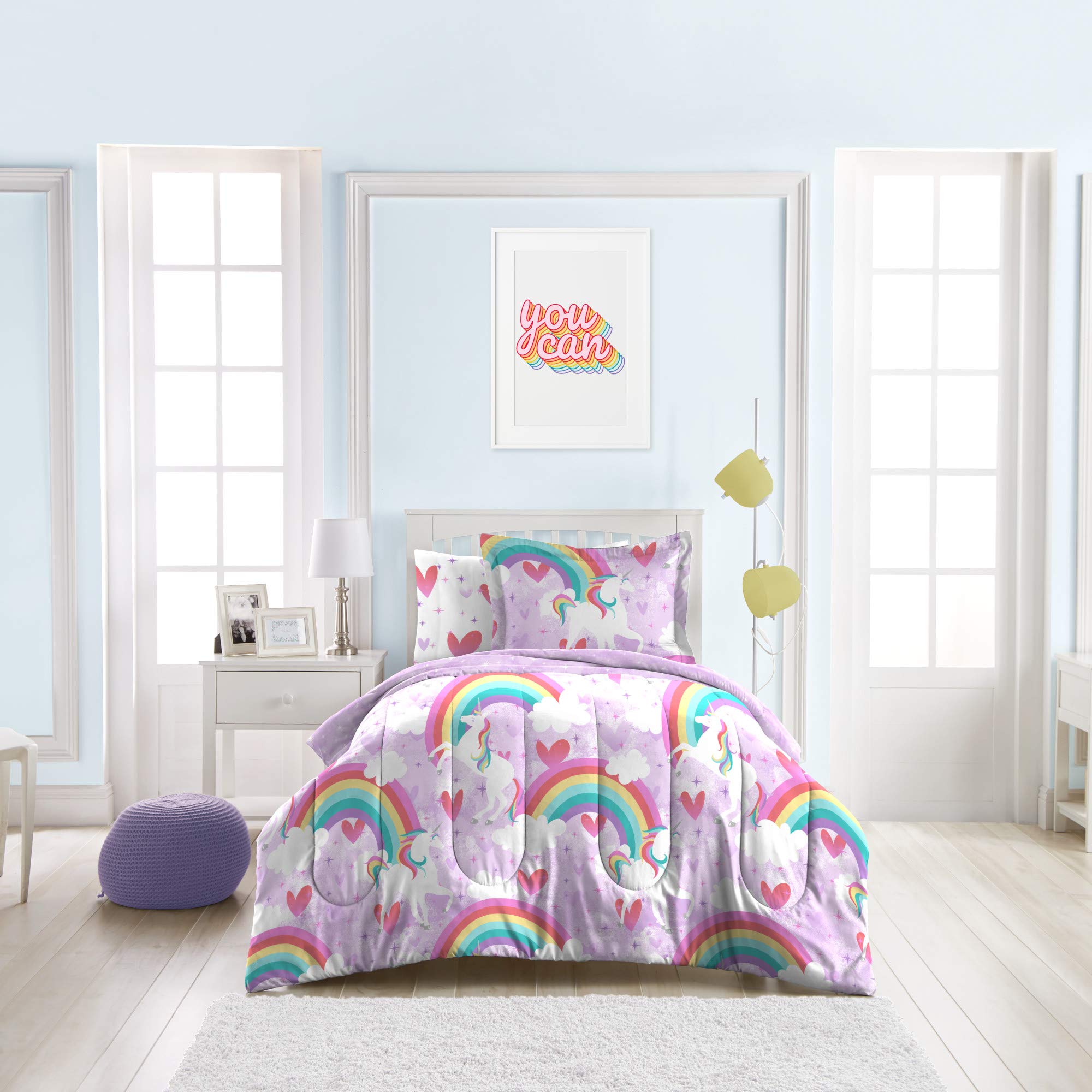 dream FACTORY Kids 5-Piece Complete Set Easy-Wash Super Soft Microfiber Comforter Bedding, Twin, Purple Unicorn Rainbow