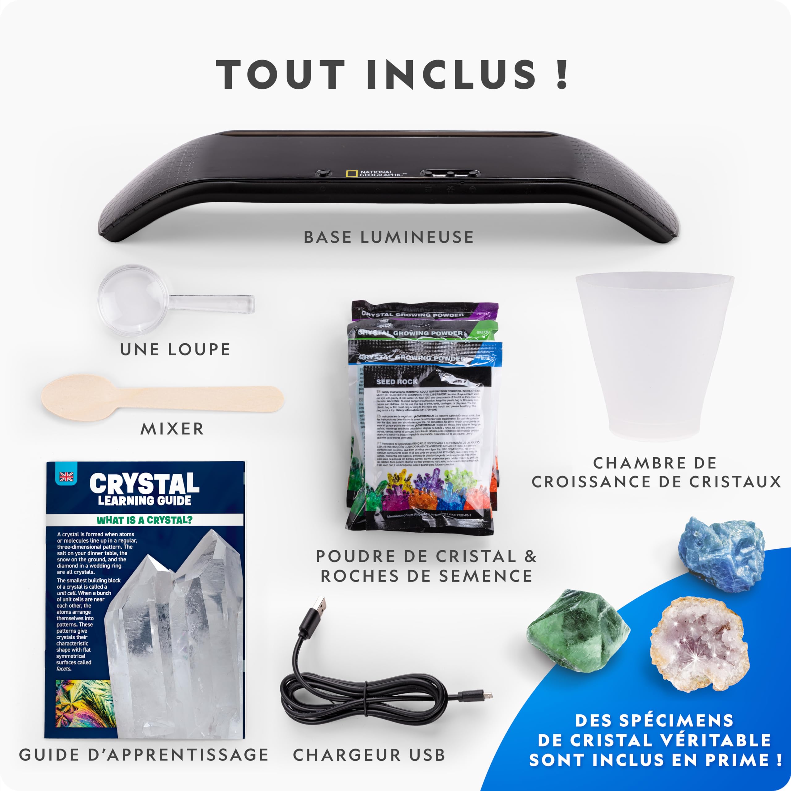 Kit de Cristaux National Geographic – Faites Pousser 3 Cristaux Colorés avec Socle Lumineux et Guide, Inclut Une Géode, de la Fluorite Verte et d’Autres Gemmes Réelles