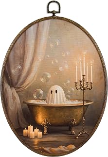 KFXHANGD Vintage Ghost Oval Framed Wall Art, Fall Bathroom Decor | Funny Gothic Ghost in Bathtub Canvas Wall Art Decor, Spooky Halloween Witchy Candle Hanging Decor for Restroom, 8.7x11.3 In