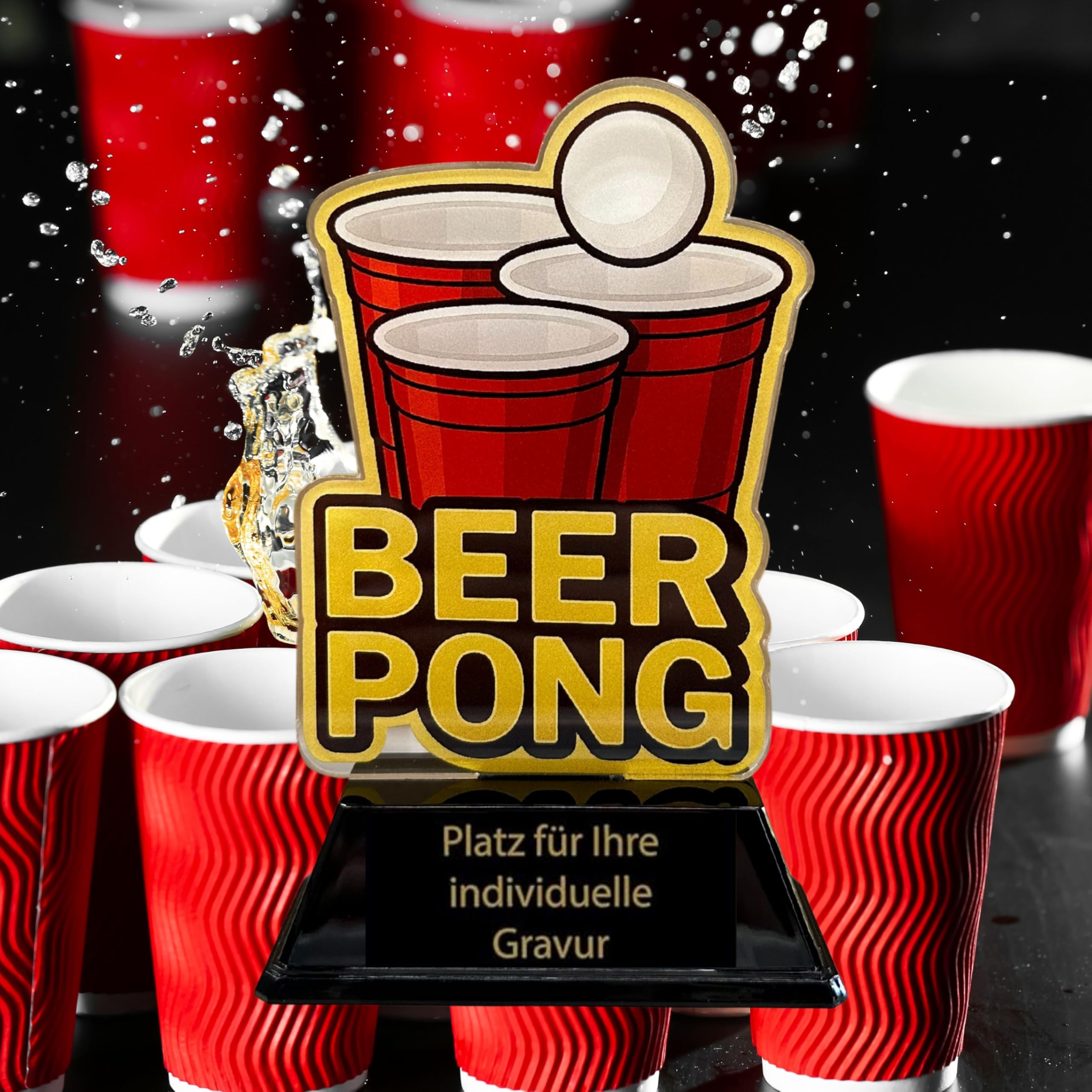 Beer Pong Acryl Pokal 15 cm hoch – Trophäe mit Gravurschild – Award für Partyspiele & Fun Events – personalisierbar