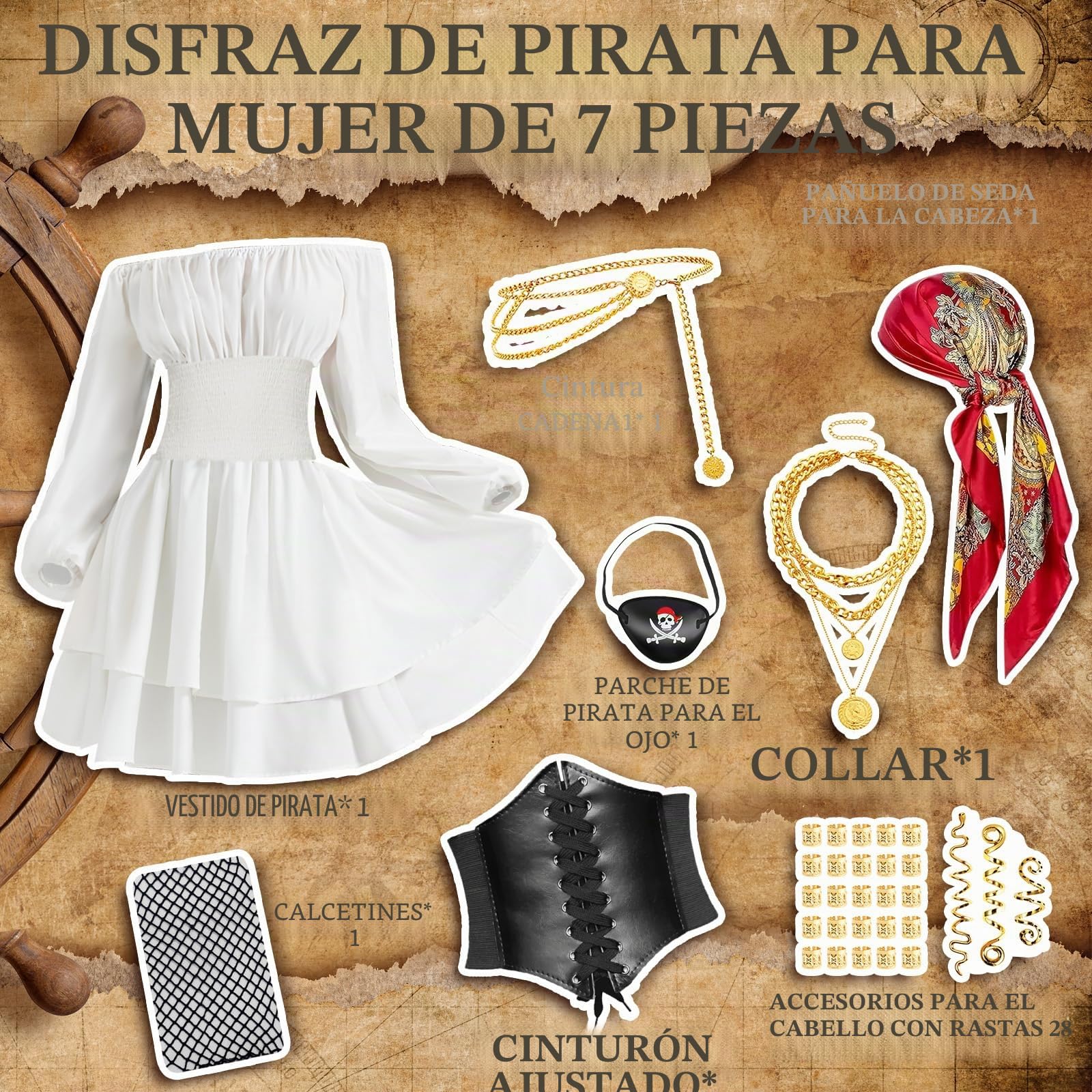 Joellfuner Disfraz Pirata Mujer, Vestido Blanco Pirata, Disfraz de Piratas Mujer con Corset, Bandana, Collares y Cadenas de Cintura, Accesorio para el Pelo para Carnaval Halloween Cosplay