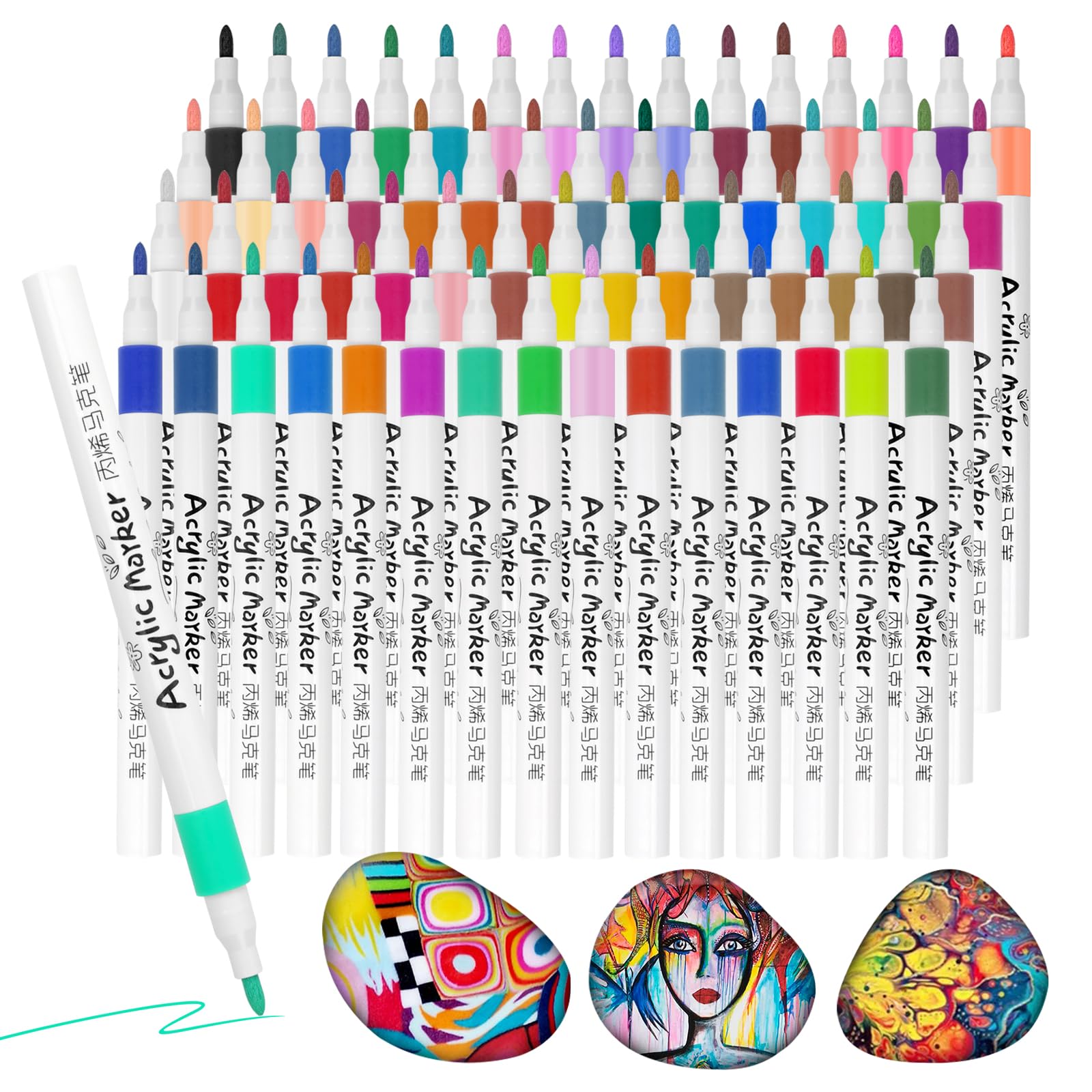TESSTSY 60 Colores Marcadores Acrílicos, Marker Acrylic, Rotuladores Acrilicos Permanentes para Piedras Resistentes al Agua, Rotuladores para Tela para Pintar, Cerámica, Vidrio, Madera, Metal, Lienzo