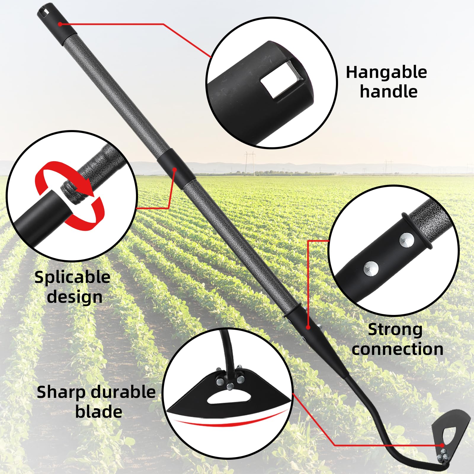 Azada hueca de jardín, azadas triangulares resistentes para jardinería, mango largo ajustable de 55 pulgadas, herramienta de deshierbe manual de hoja afilada para huertos, macizos de