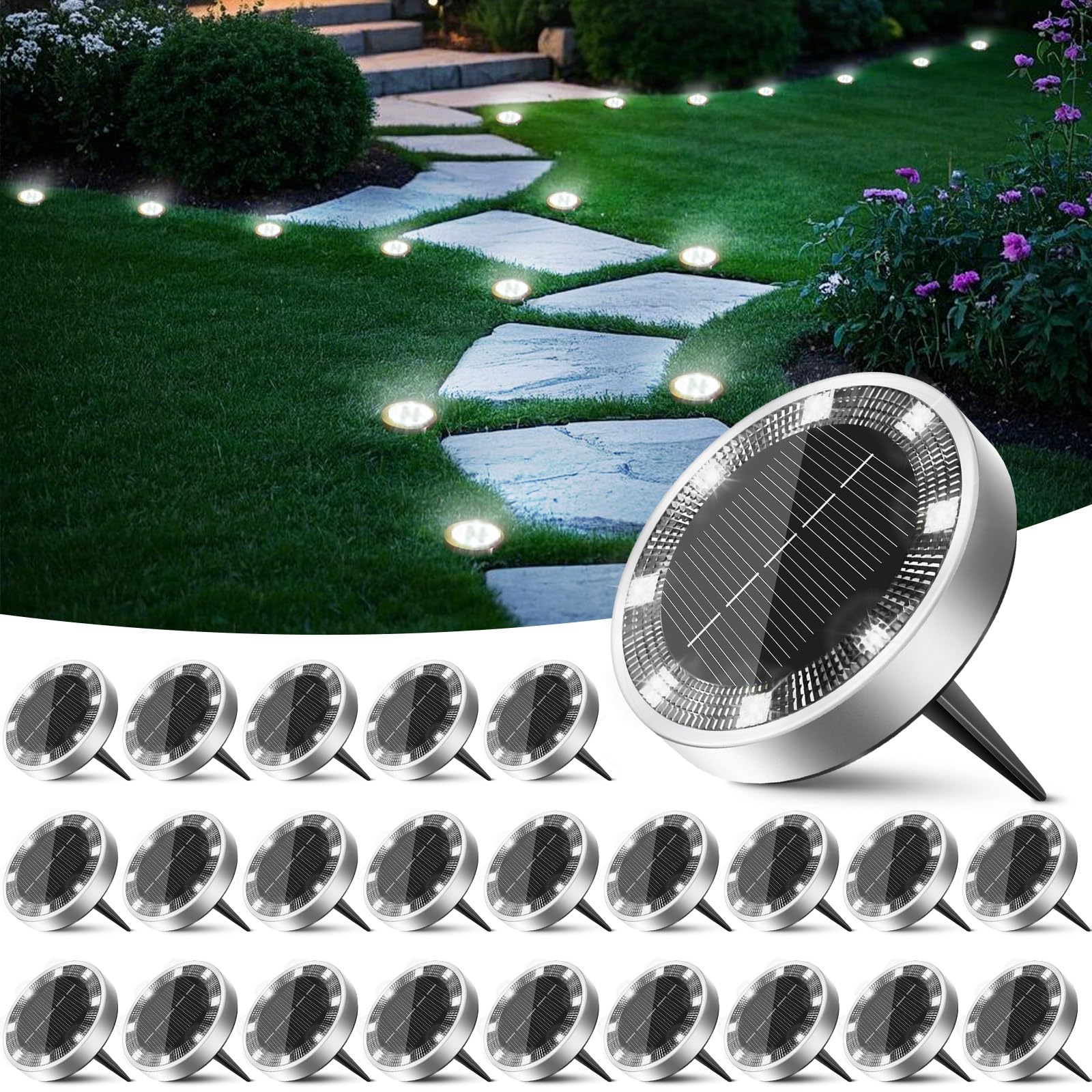 Peasur 12 Paquetes Luces Solares LED Exterior Jardin Suelo,8 LED Luz Solar Exterior Jardin, IP65 Impermeable Luces Solares para Patio, Camino, Césped, Blanco Frío — view 19