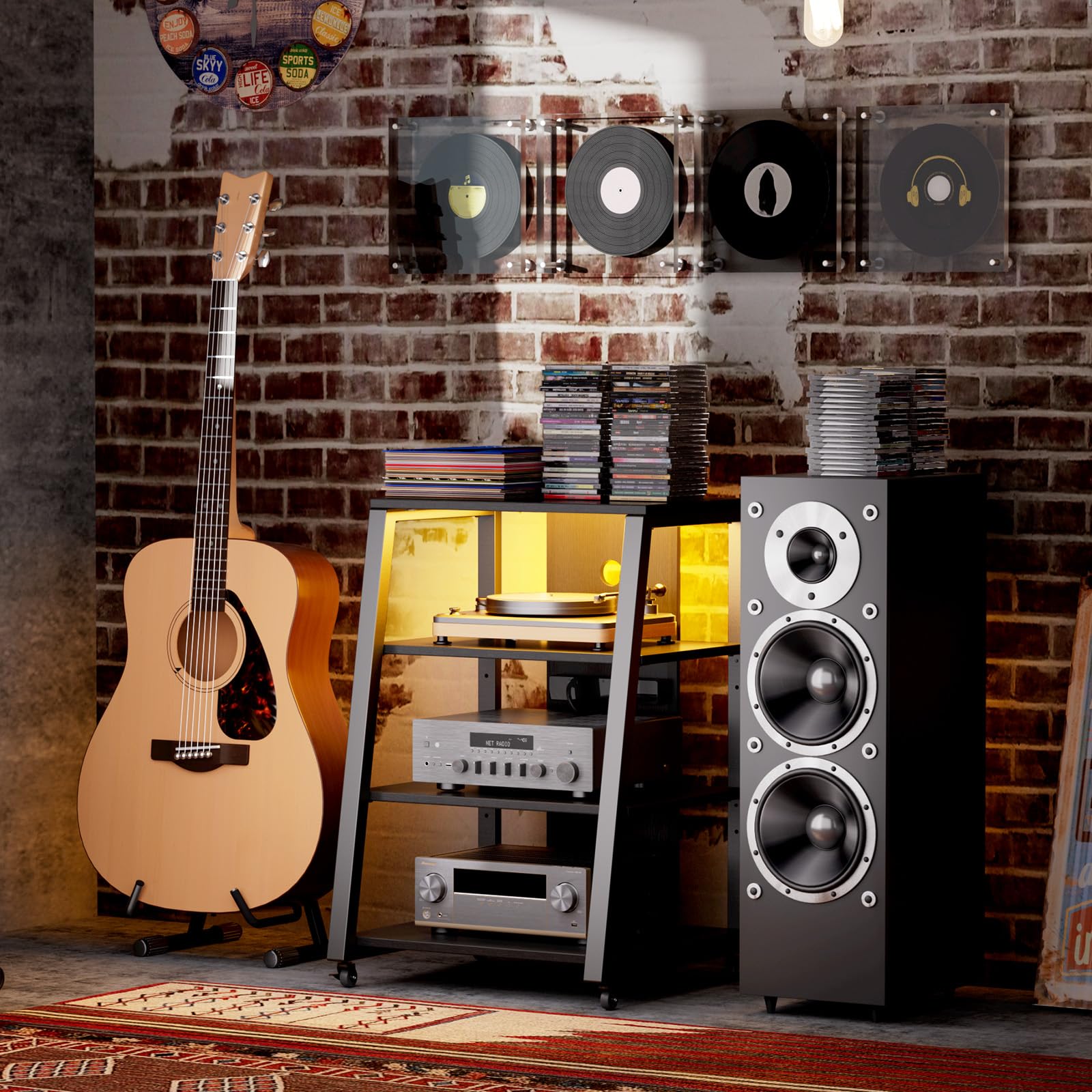 Lifewit Meuble Hifi 4 Niveaux avec Multiprises et Lumières LED, Meuble Vinyle en Bois et Acier, 60 x 55 x 90 cm, Noir