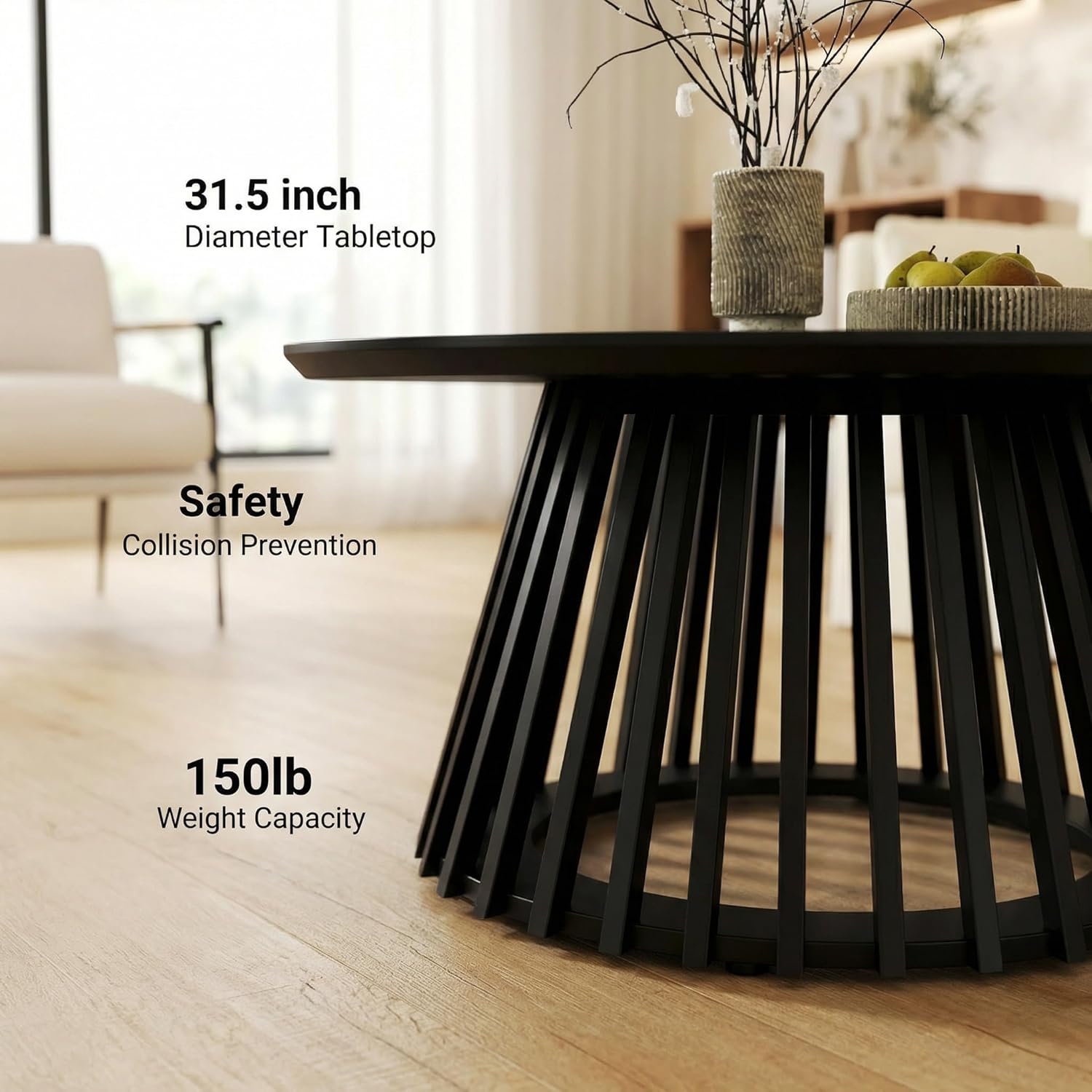 HNY Modern Black Round Coffee Table for Living Room, Mid Century Wood 31.5" Circle Small Center Table with Wooden Fluted Base for Home Small Space, Bedroom, Apartment, Studio