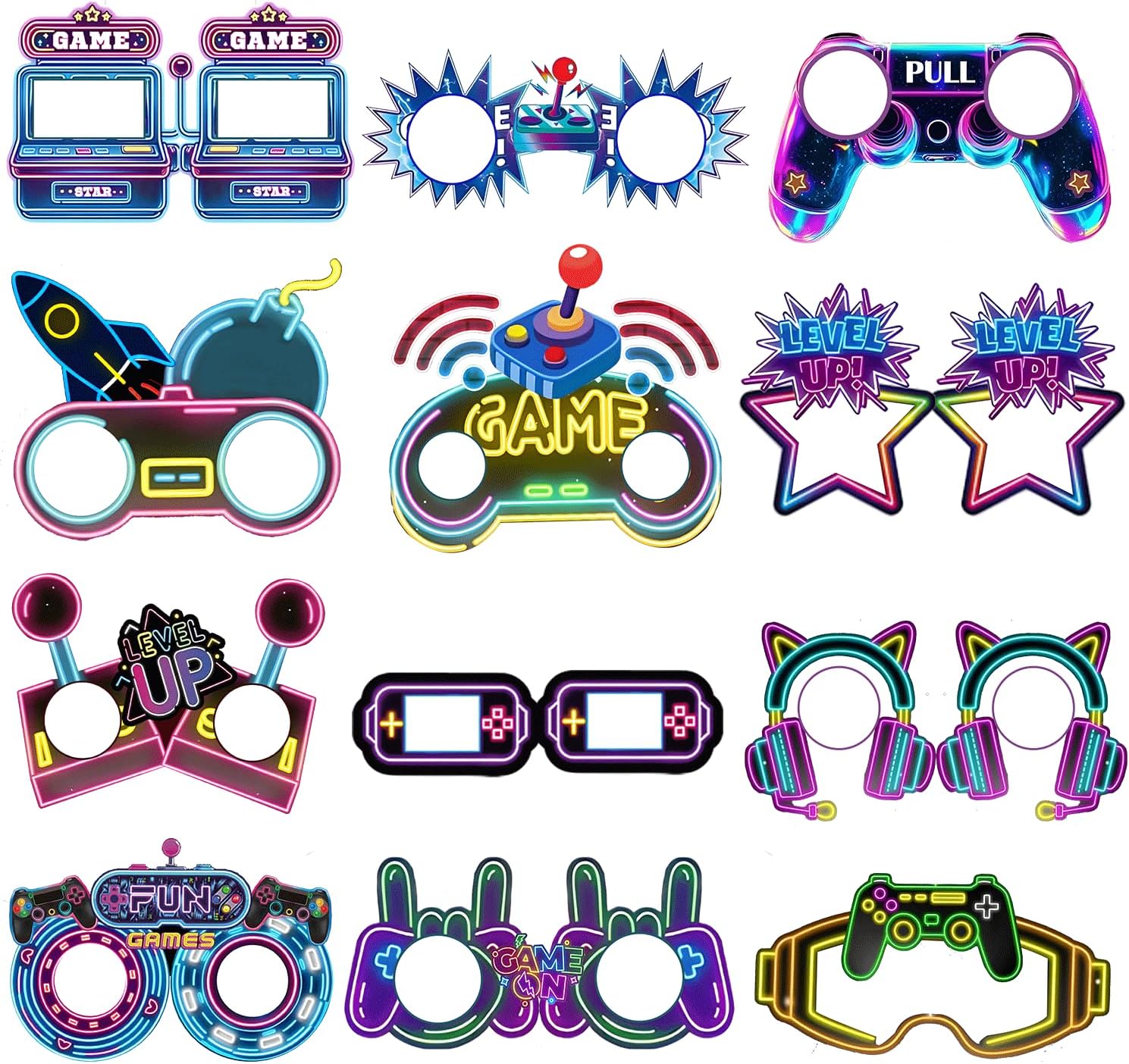 24 PCS Neon Video Games Paper Eyeglasses Game on Party Gift Stuffer Supplies Gamer Party Decorations Gaming Birthday Party Favors Neon Video Gaming Photo Booth Props Game Goodie Treat Bag Fillers