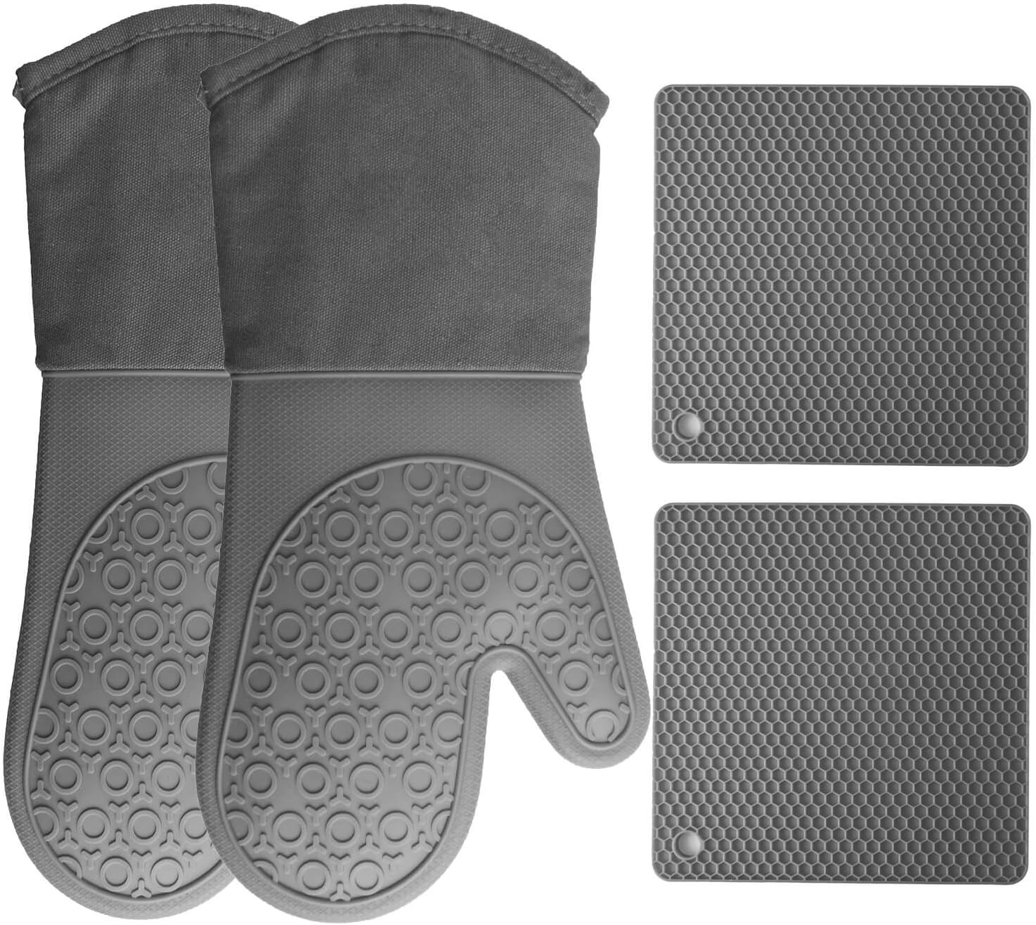 Homwe Silicone Oven Mitts and Pot Holders (4-Piece Set) Heavy Duty Cooking Gloves, Kitchen Counter Safe Trivet Mats | Advanced Heat Resistance, Non-Slip Textured Grip(Gray)