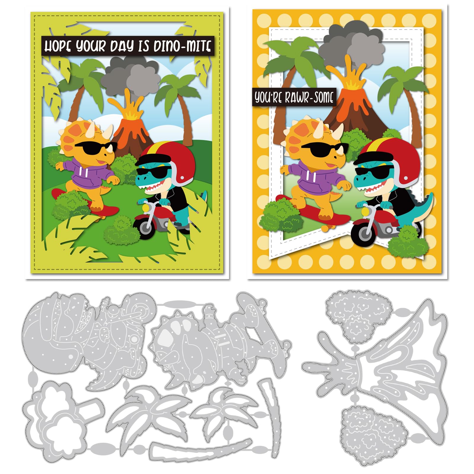 INFUNLY 10 Pcs Funny Dinosaurs Die Cuts for Card Making Dinosaurs Motorbike Cutting Dies Volcanoes Die Cut Coconut Tree Metal Dies Grass Embossing Stencil for DIY Scrapbooking Paper Photo Album Crafts