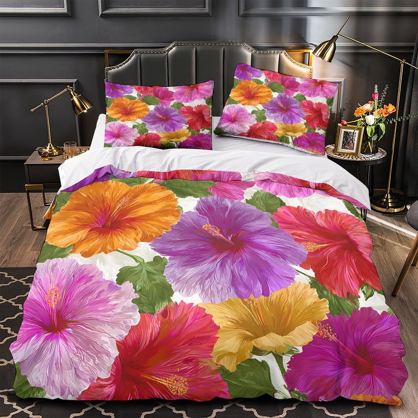 MMDASBVPE Hibiscus Flowers Duvet Cover 3D Design Printed Anti-allergic 3 Pieces Bedding Set Zipper Quilt Cover Hotel Quality Wrinkle-Resistant for Adults Kids Women Teens Youth Single（140x200cm）