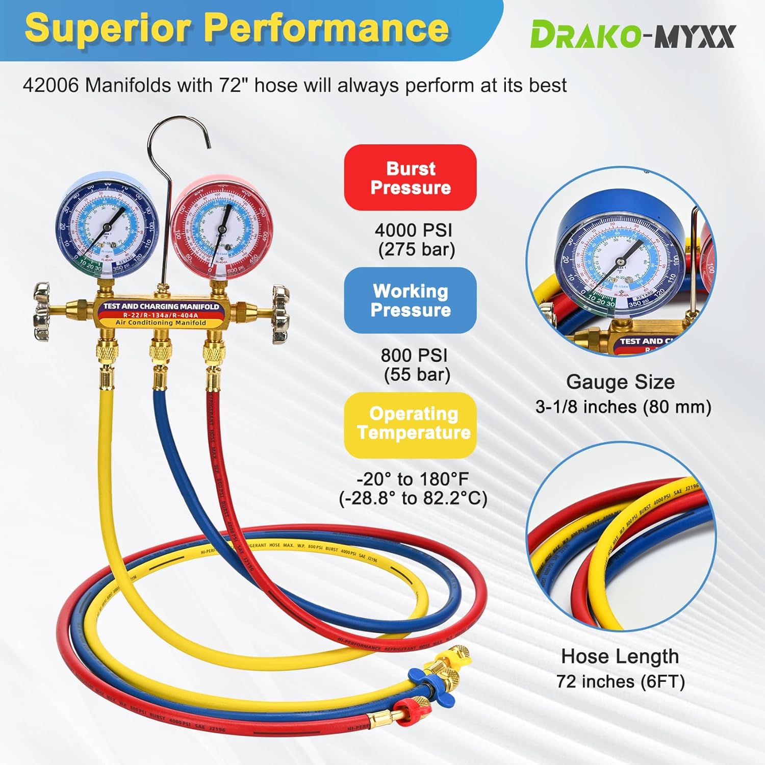 2026 Upgrade 42006 Test and Charge Manifold Set with 3-1/8" (80 mm) Gauge, for R-22/134A/404A, 1/4" to 1/4" Standard Flare Fittings with 72"(6Ft), Hvac Gauges with Colored Label and Hoses Set
