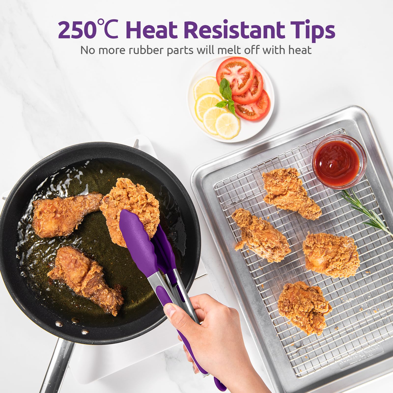 U-Taste 22cm Silicone Cooking Tongs: Heat Resistant to 250°C with Non-Stick Silicone Tips & Stainless Steel Handle & Smooth Locking for Serving (Purple) - Image 3