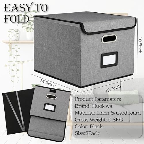 Miniatura 2 de Aliceset Paquete de 2 cajas organizadoras de archivos de lino para colgar documentos de oficina con tapa, organización de álbumes de recortes para