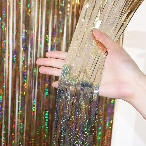 Miniatura 2 de Paquete de 3 telones de fondo de flecos de papel de aluminio champán de 3.3 x 6.6 pies, decoraciones de fiesta de oropel, telón de fondo con flecos
