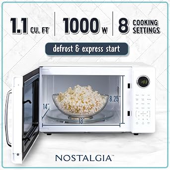 Nostalgia Retro 1000W Microwave Oven 1.1 Cu Ft Capacity Child Safety Lock, 8 Auto-Cook Settings Countertop Kitchen Appliance White